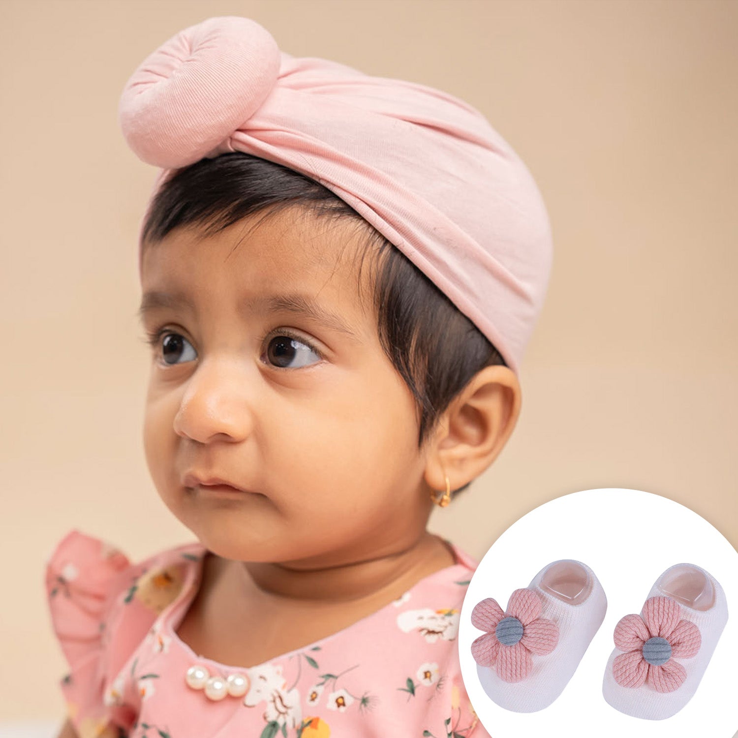 Baby Moo 3D Knot Turban Cap And Matching Floral Socks Set - Pink - Baby Moo