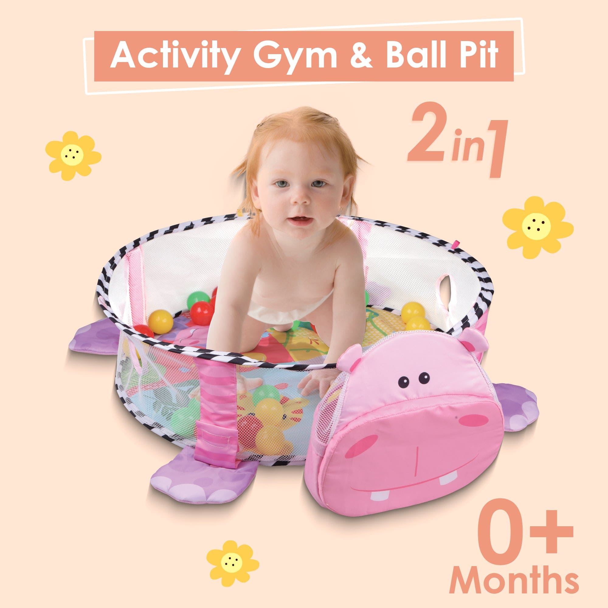 Hippo Infant Play Mat Activity Gym With Hanging Toys And Balls - Pink