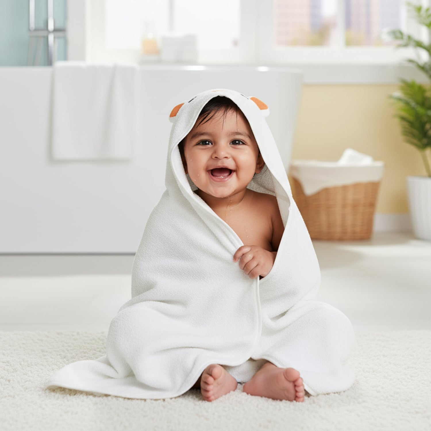 Baby Moo Cute Animal 3D Absorbent Hooded Towel - White And Brown