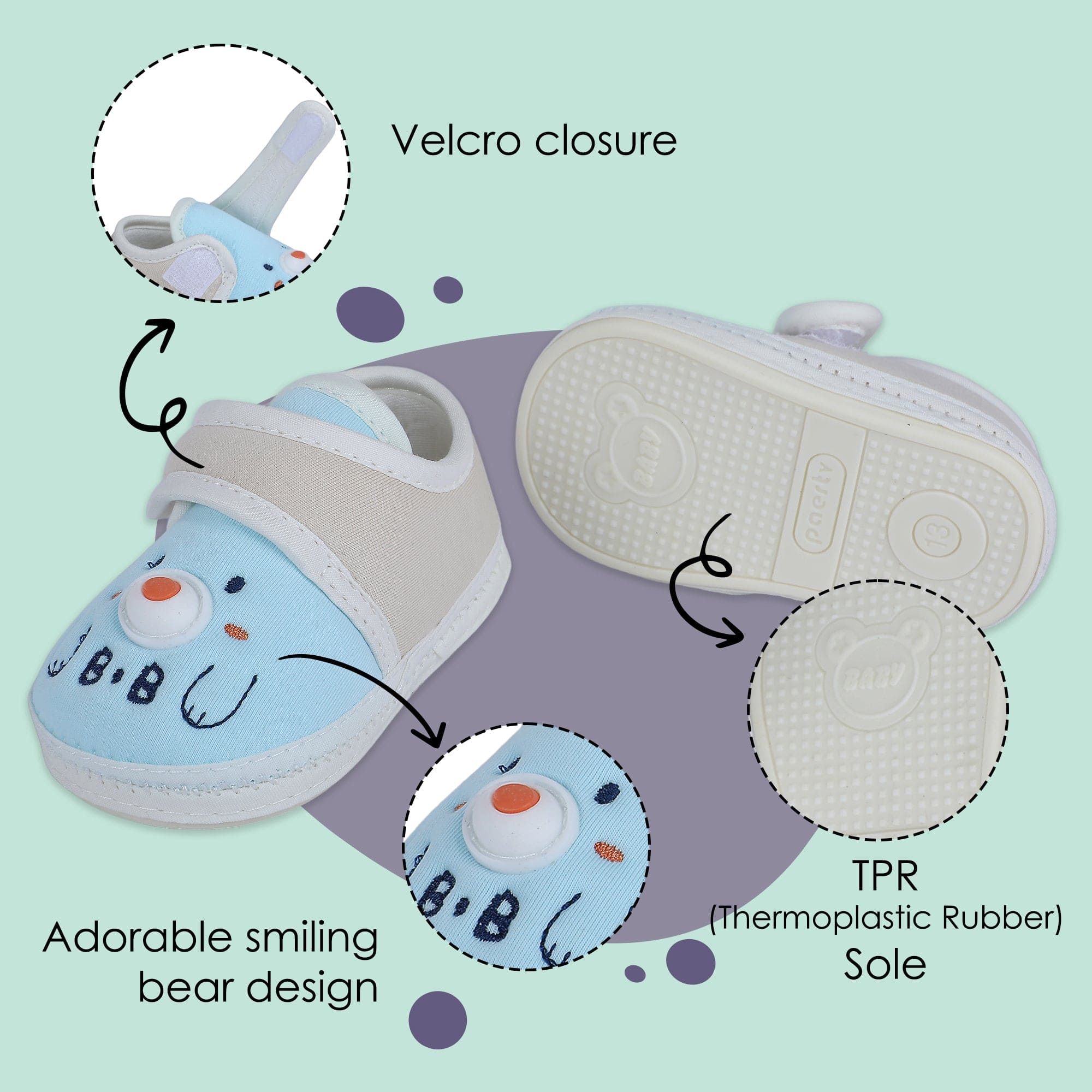 Baby Moo Smiling Bear Soft Sole Anti-Slip Booties - Blue
