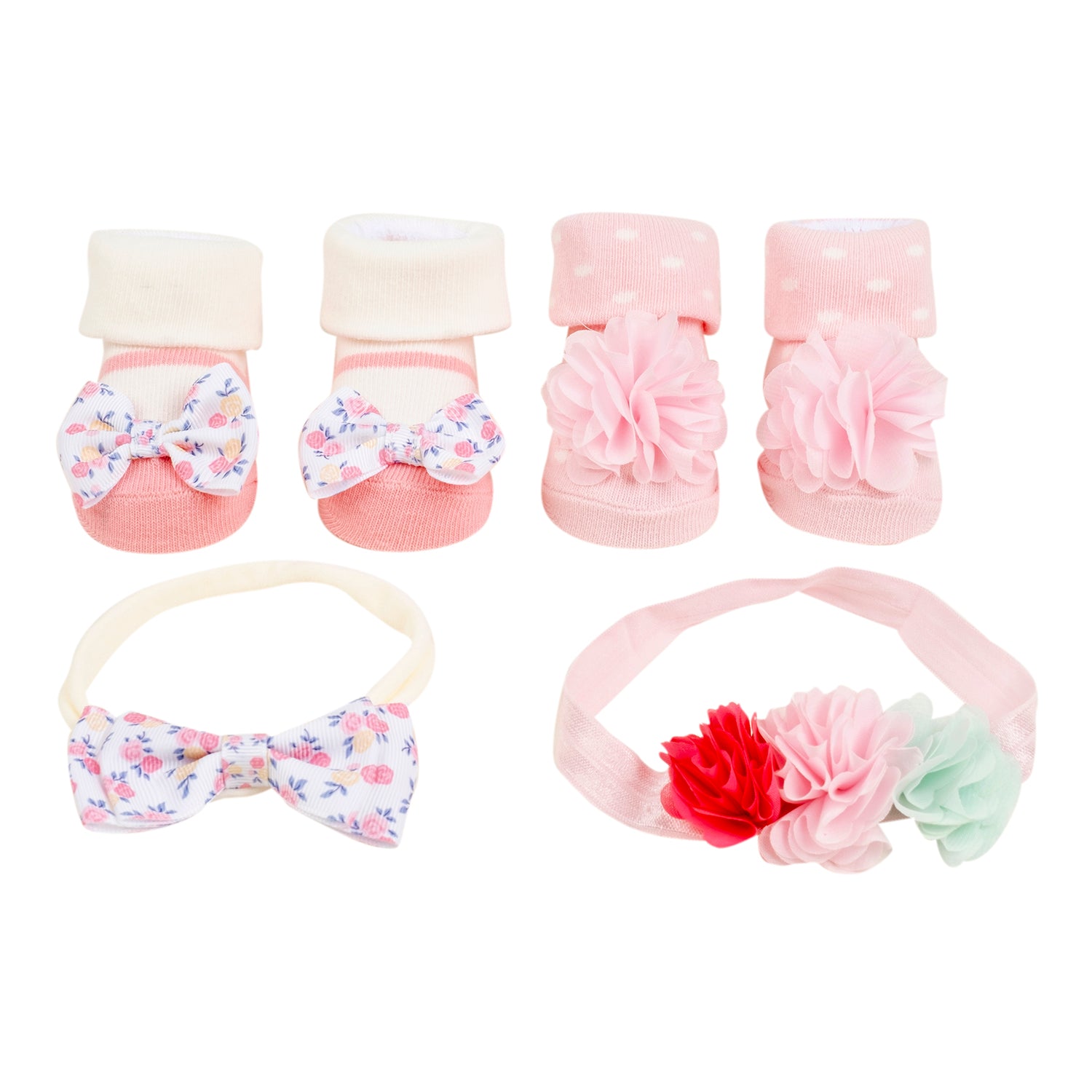 Baby Moo Pocket Full Of Posies Infant Girl 4-Piece Gift Hairband And Socks Set - Pink