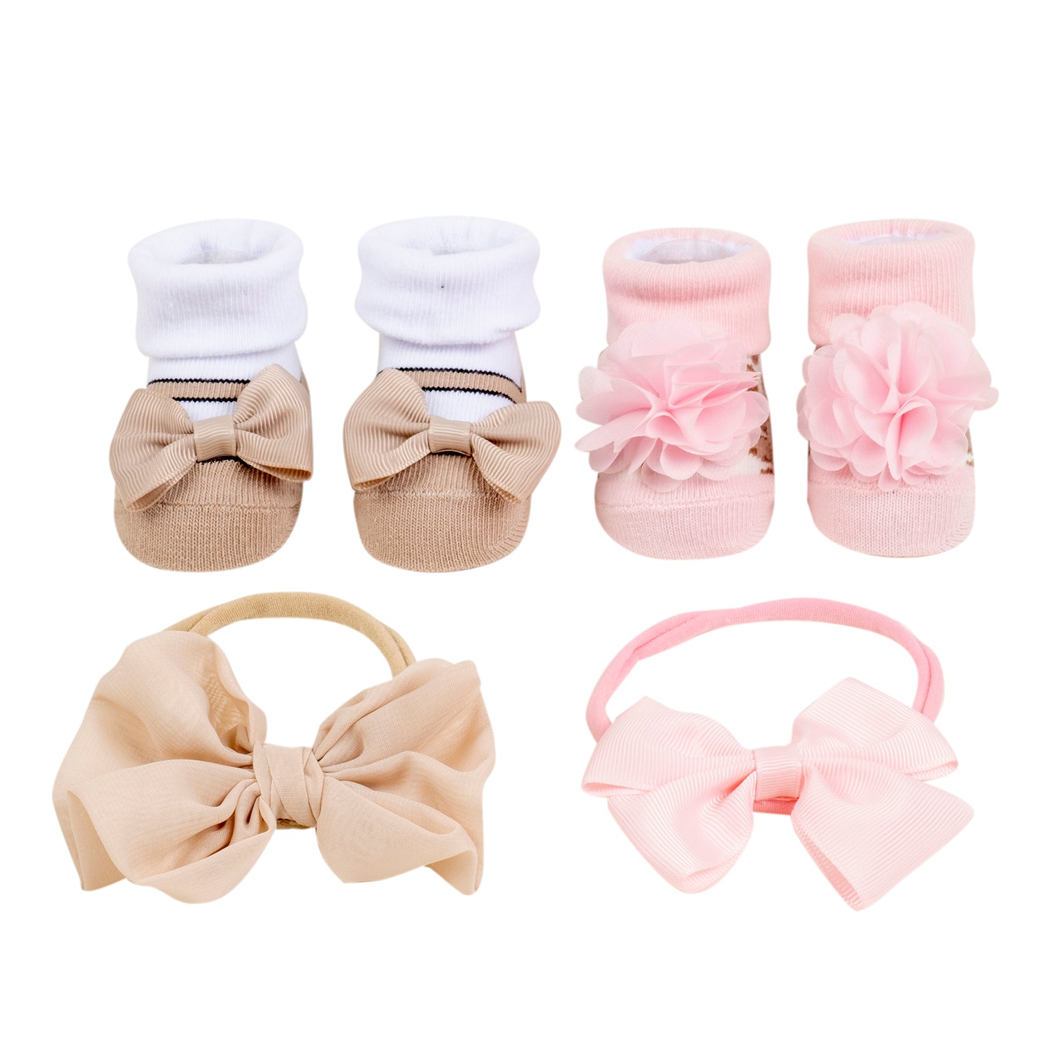 Baby Moo Floral Bow Infant Girl 4-Piece Gift Hairband And Socks Set - Beige