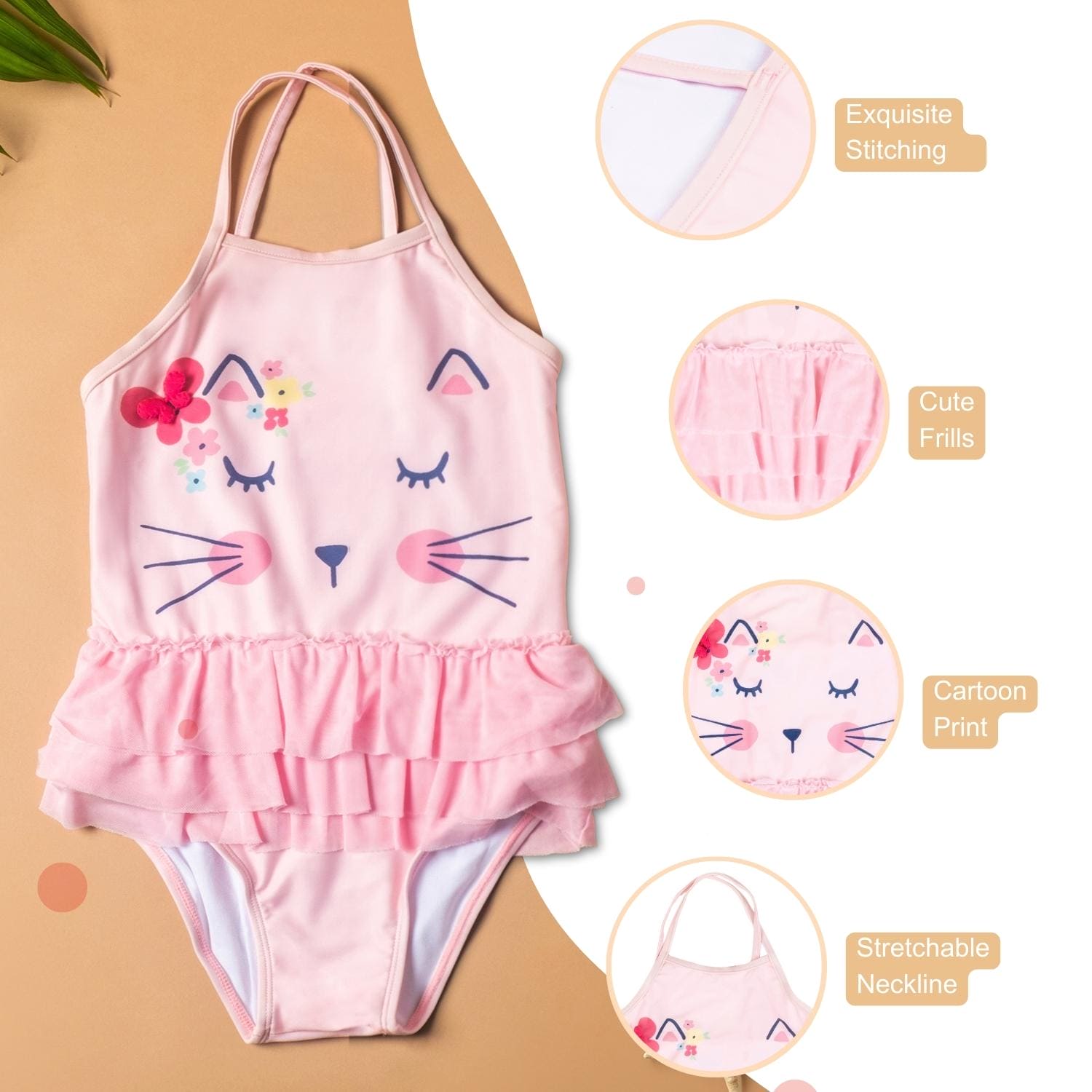 Baby Moo Sleeping Kitty Beach One-Piece Swimsuit Pool Swimming Costume - Pink