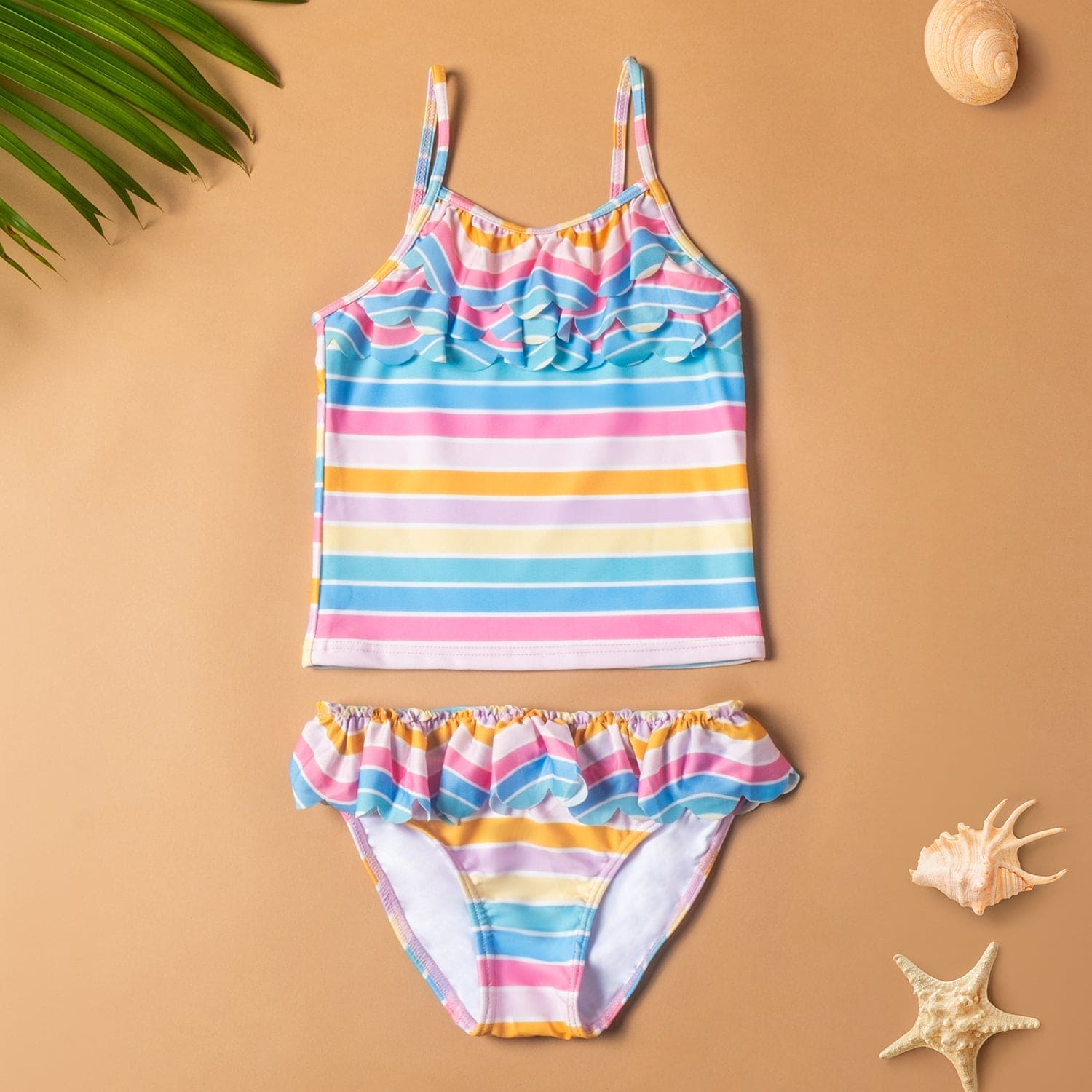 Baby Moo Rainbow Striped Beach Two-Piece Swimsuit Pool Swimming Costume Pink