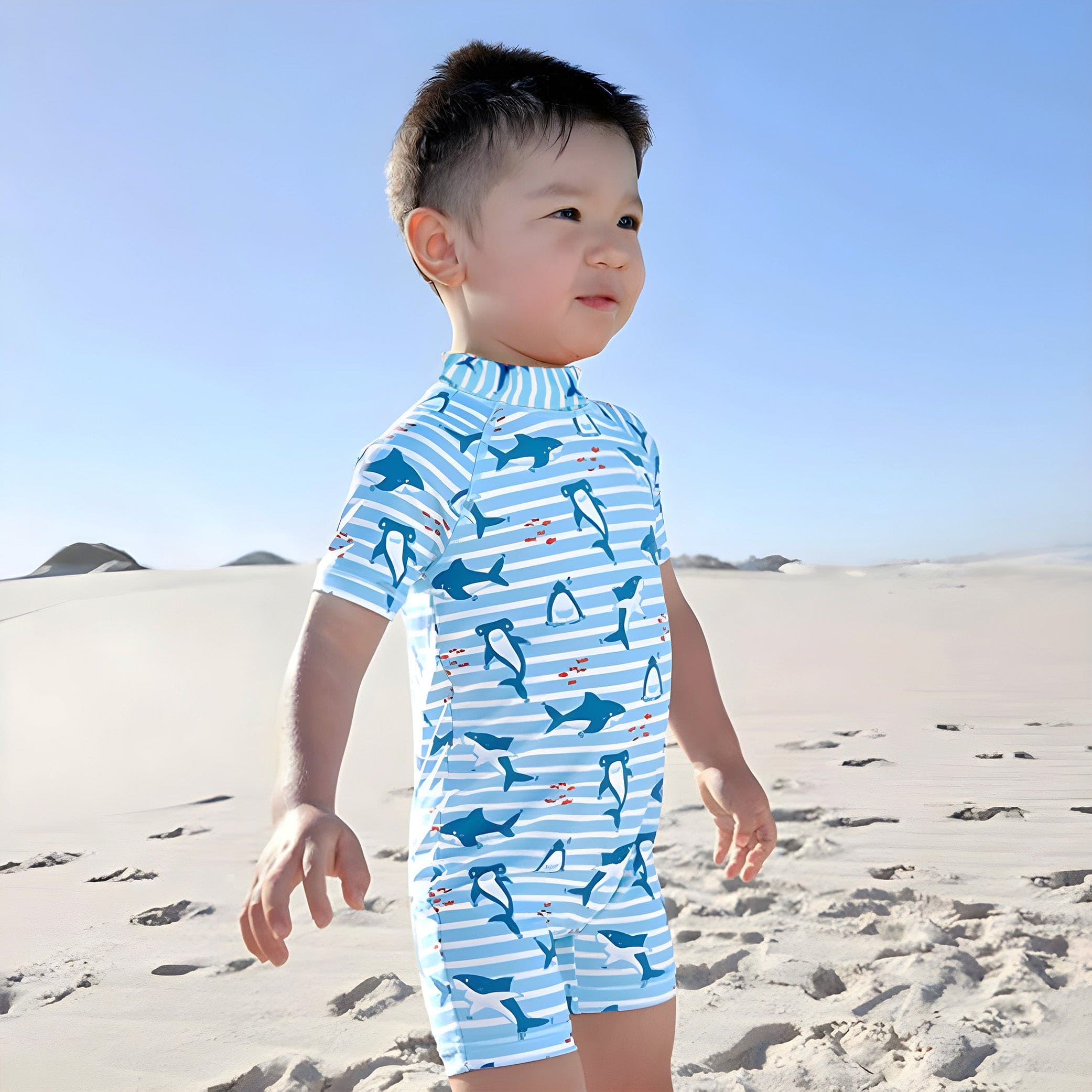 Baby Moo Playing Dolphin Beach Bodysuit One-Piece Swimsuit Pool Swimming Costume - Blue