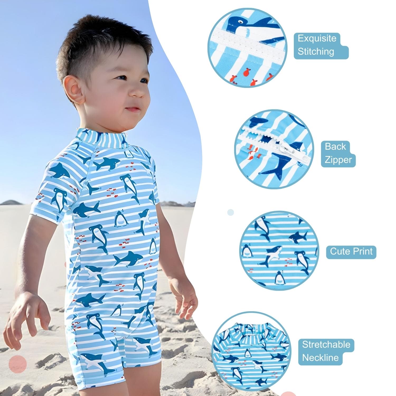 Baby Moo Playing Dolphin Beach Bodysuit One-Piece Swimsuit Pool Swimming Costume - Blue