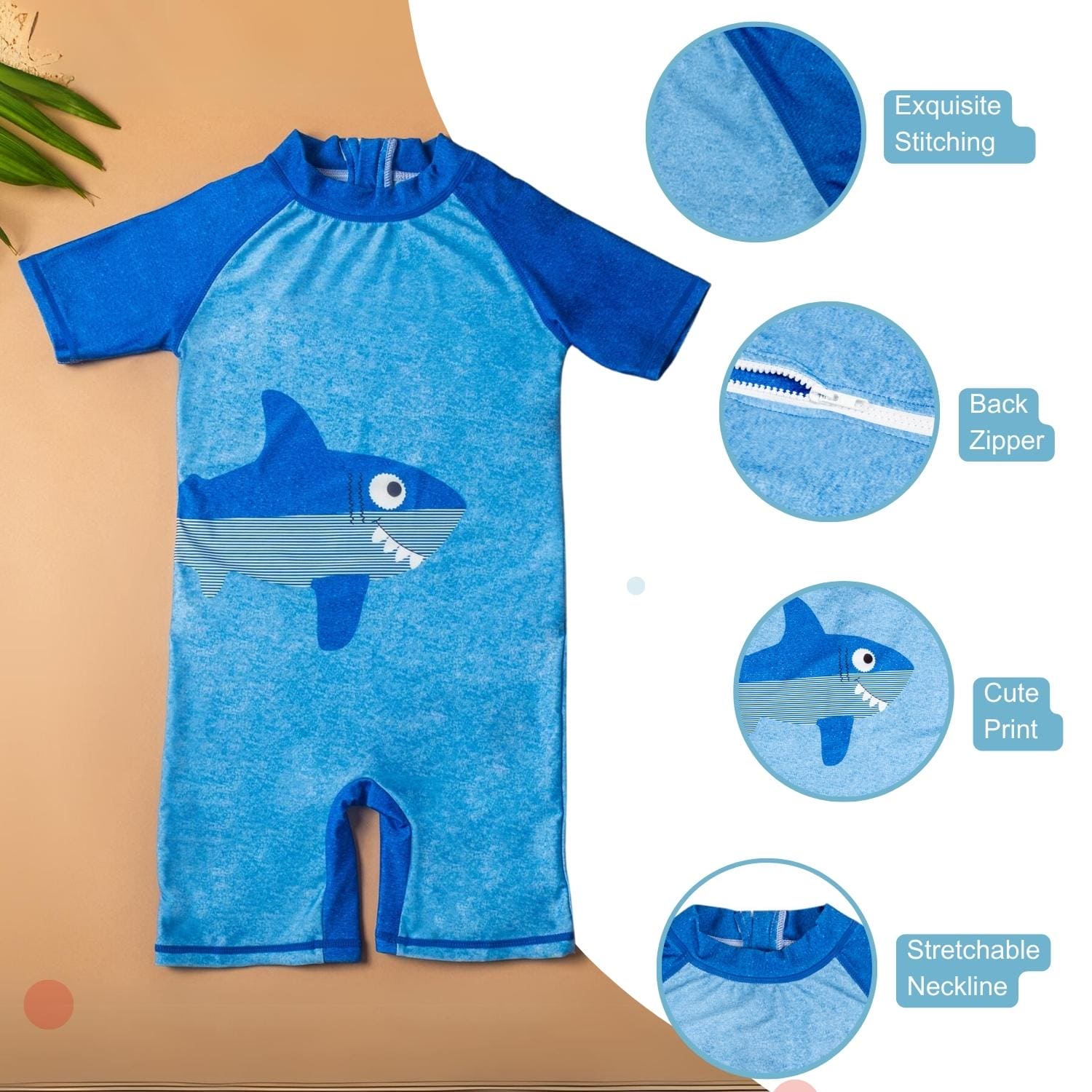 Baby Moo Smiling Shark Beach Bodysuit One-Piece Swimsuit Pool Swimming Costume - Blue