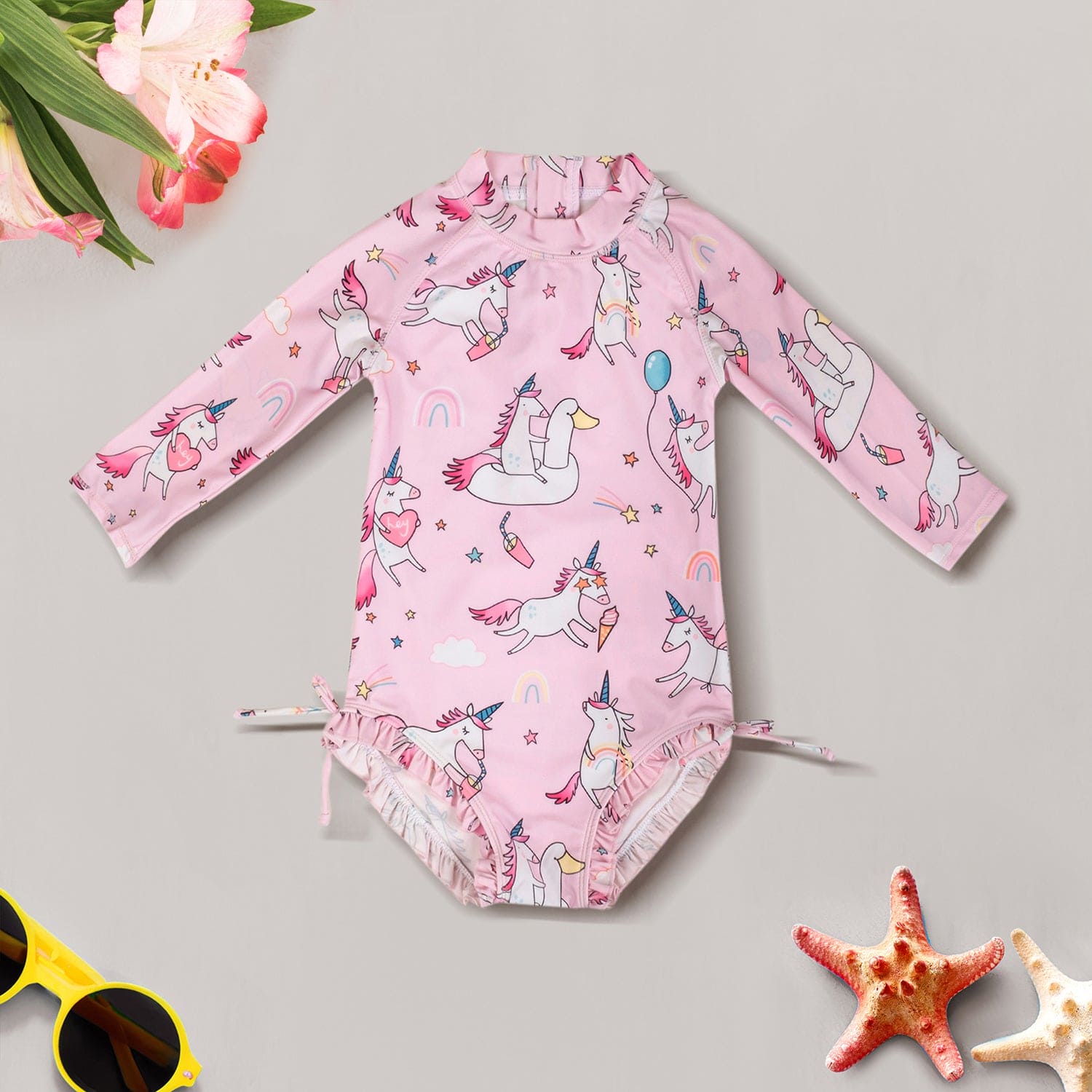 Baby Moo Playing Unicorn Beach Bodysuit One-Piece Swimsuit Pool Swimming Costume - Pink
