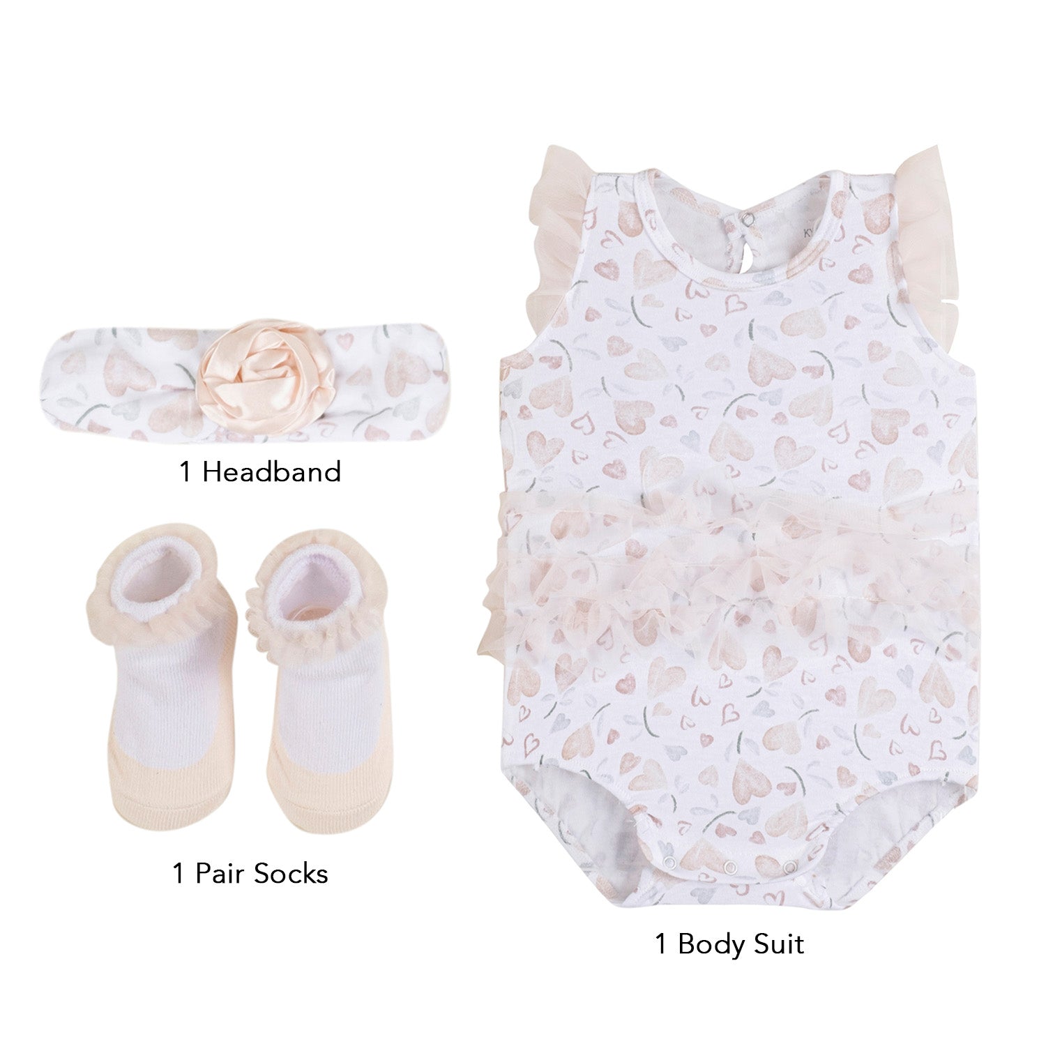 Baby Moo My Little Heart Gift Set 3 Piece With Bodysuit, Socks And Headband - Beige