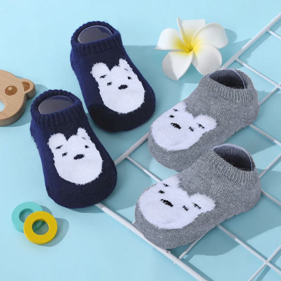 Baby Moo Bear Face Cotton Anti-Skid 2 Pair Socks - Grey - Baby Moo