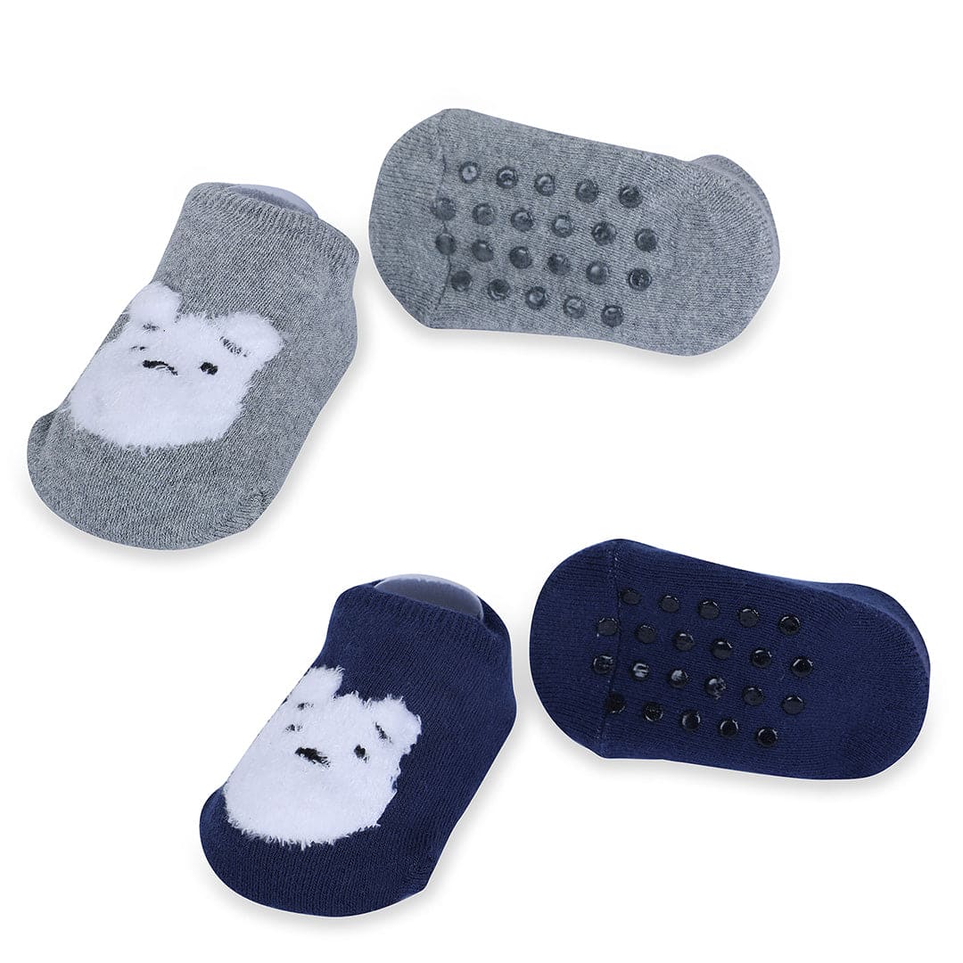 Baby Moo Bear Face Cotton Anti-Skid 2 Pair Socks - Grey - Baby Moo