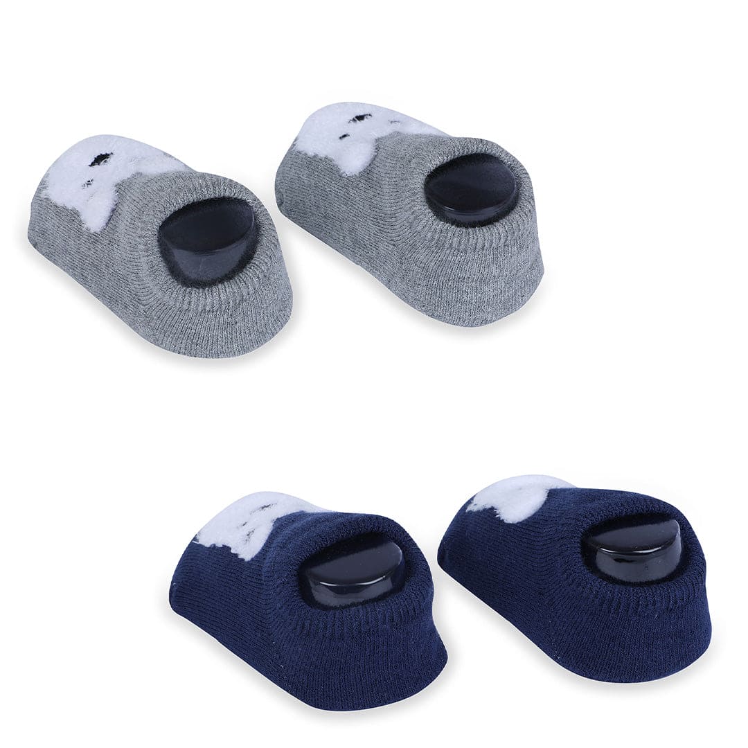Baby Moo Bear Face Cotton Anti-Skid 2 Pair Socks - Grey - Baby Moo