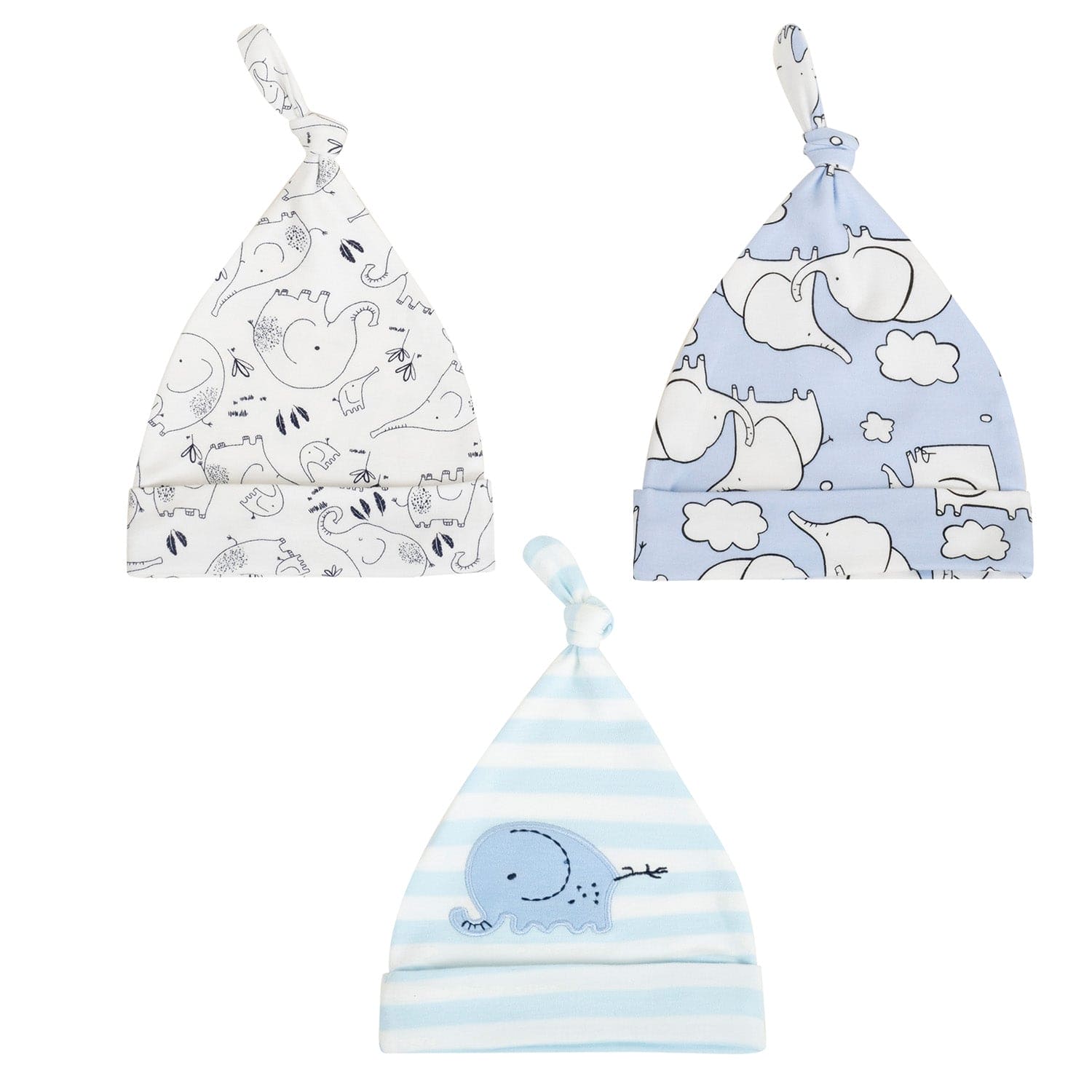 Baby Moo Elephant Knotted Infants Ultra Soft 100% Cotton All Season Pack of 3 Caps - Blue