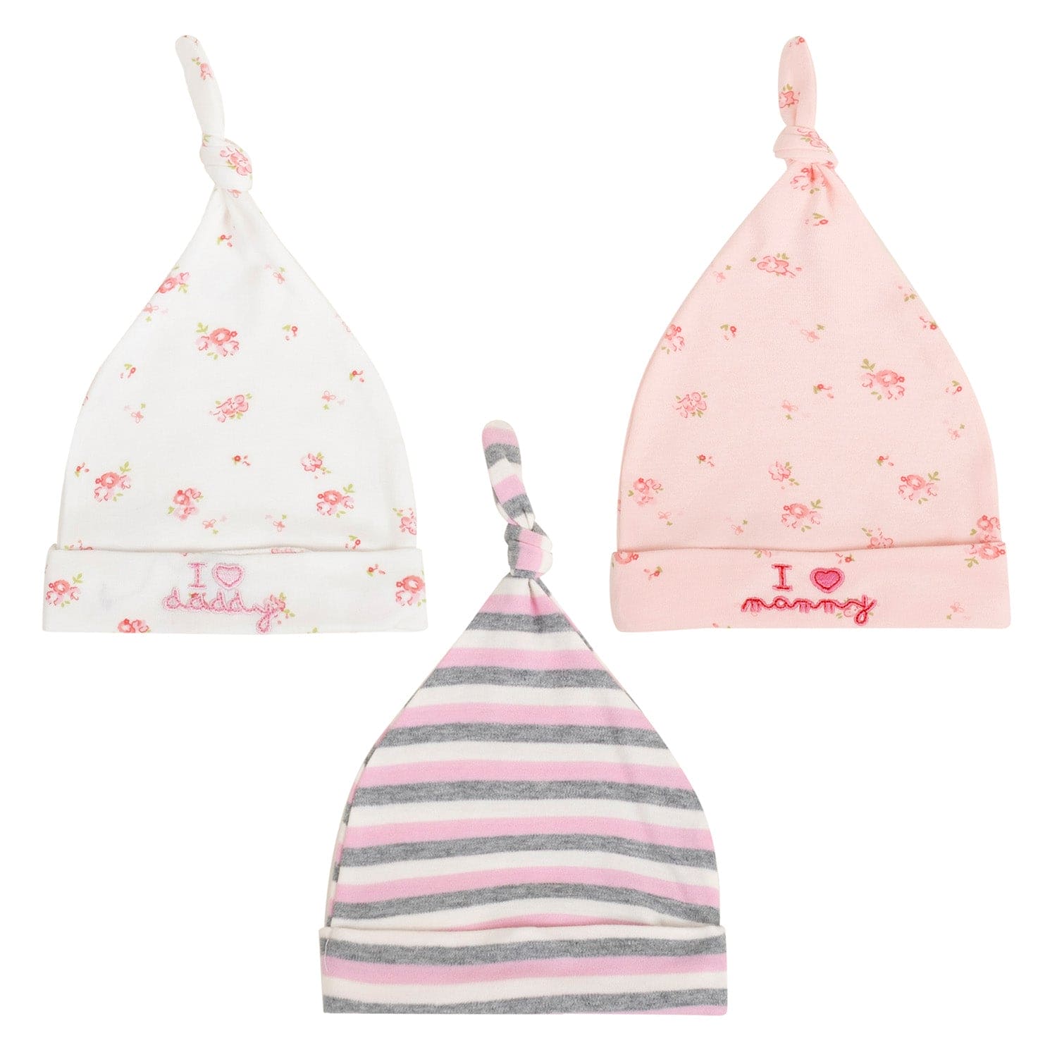 Baby Moo I Love Mommy Daddy Knotted Infants Ultra Soft 100% Cotton All Season Pack of 3 Caps - Pink