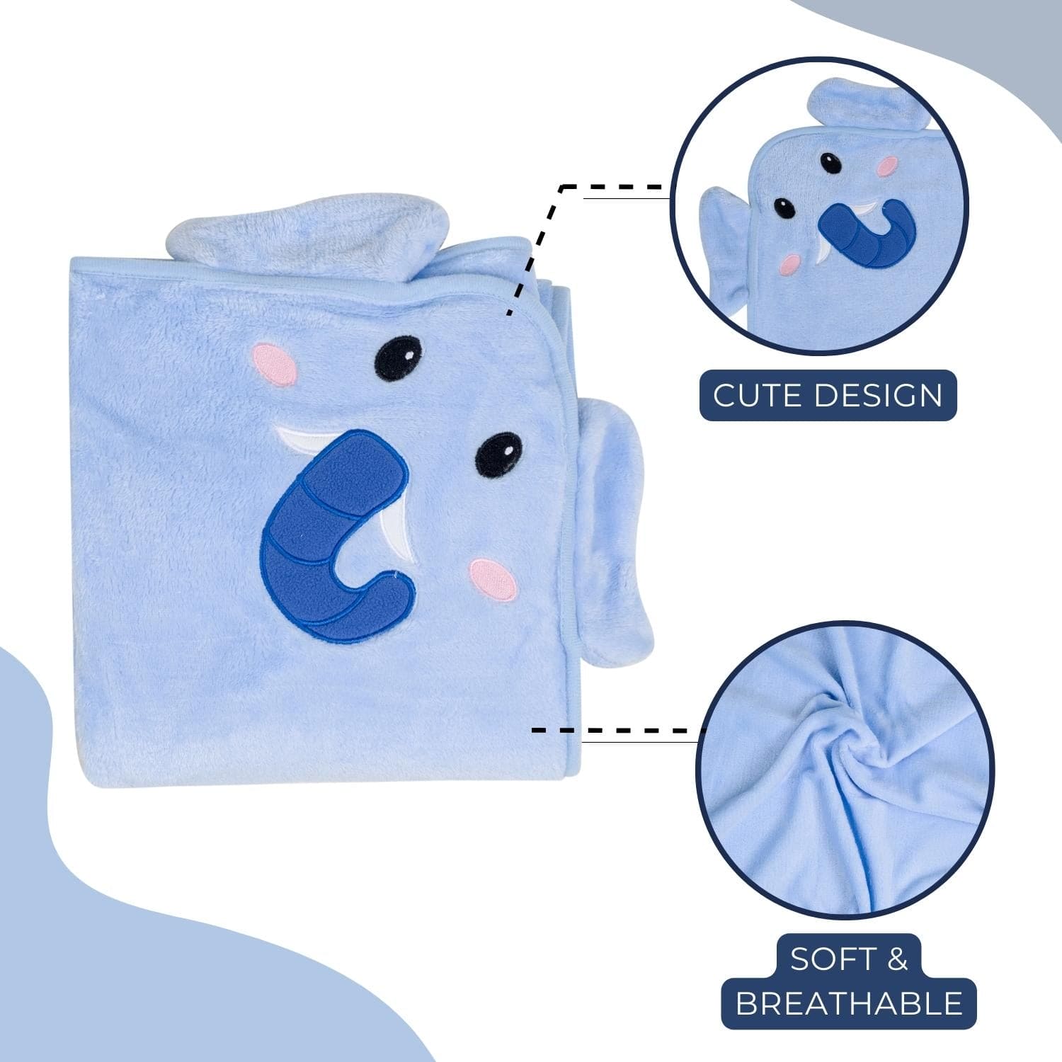 Baby Moo Elephant Applique with 3D Ears Soft Blanket - Blue