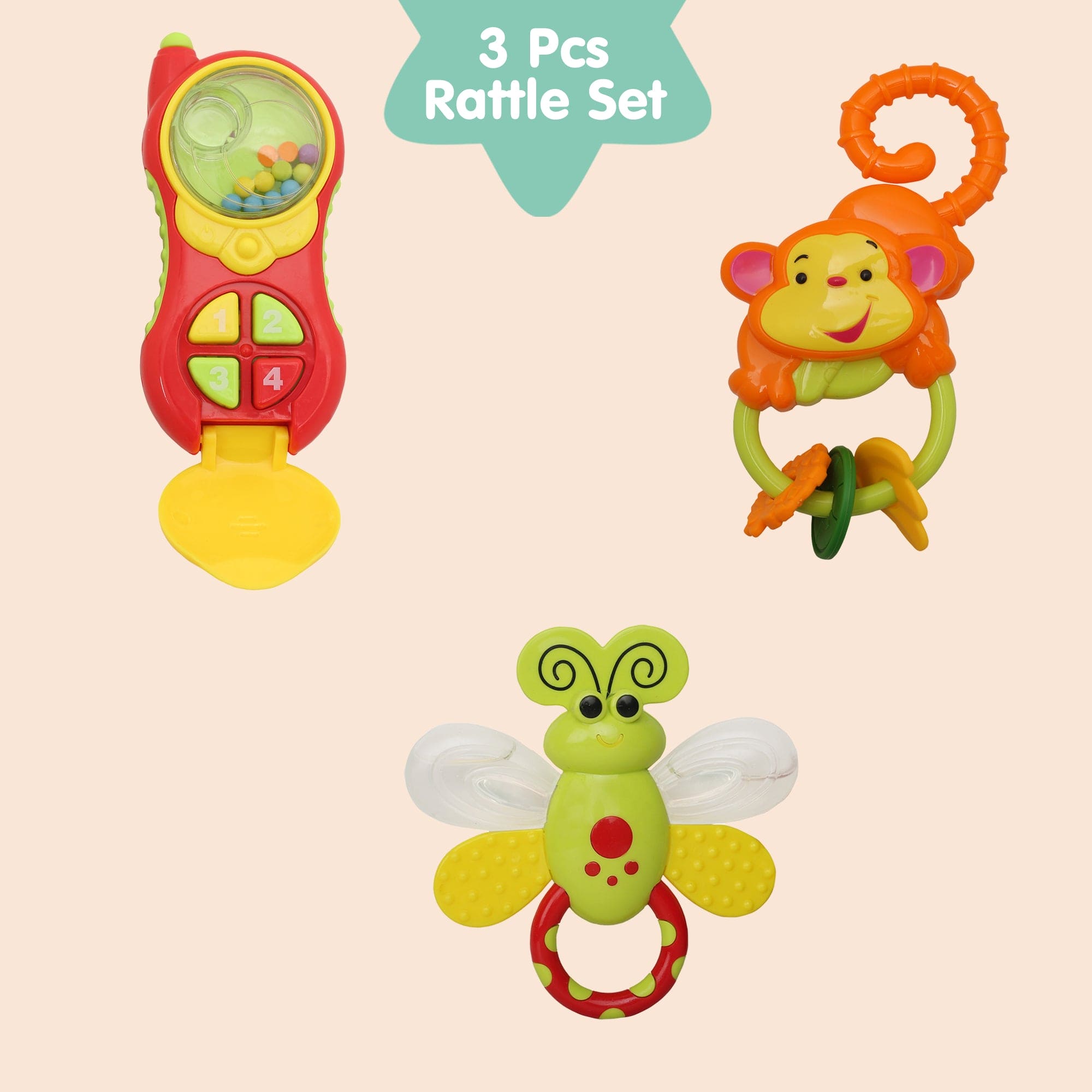Monkey Bee And Phone Multicolour Set of 3 Musical Rattle Toys
