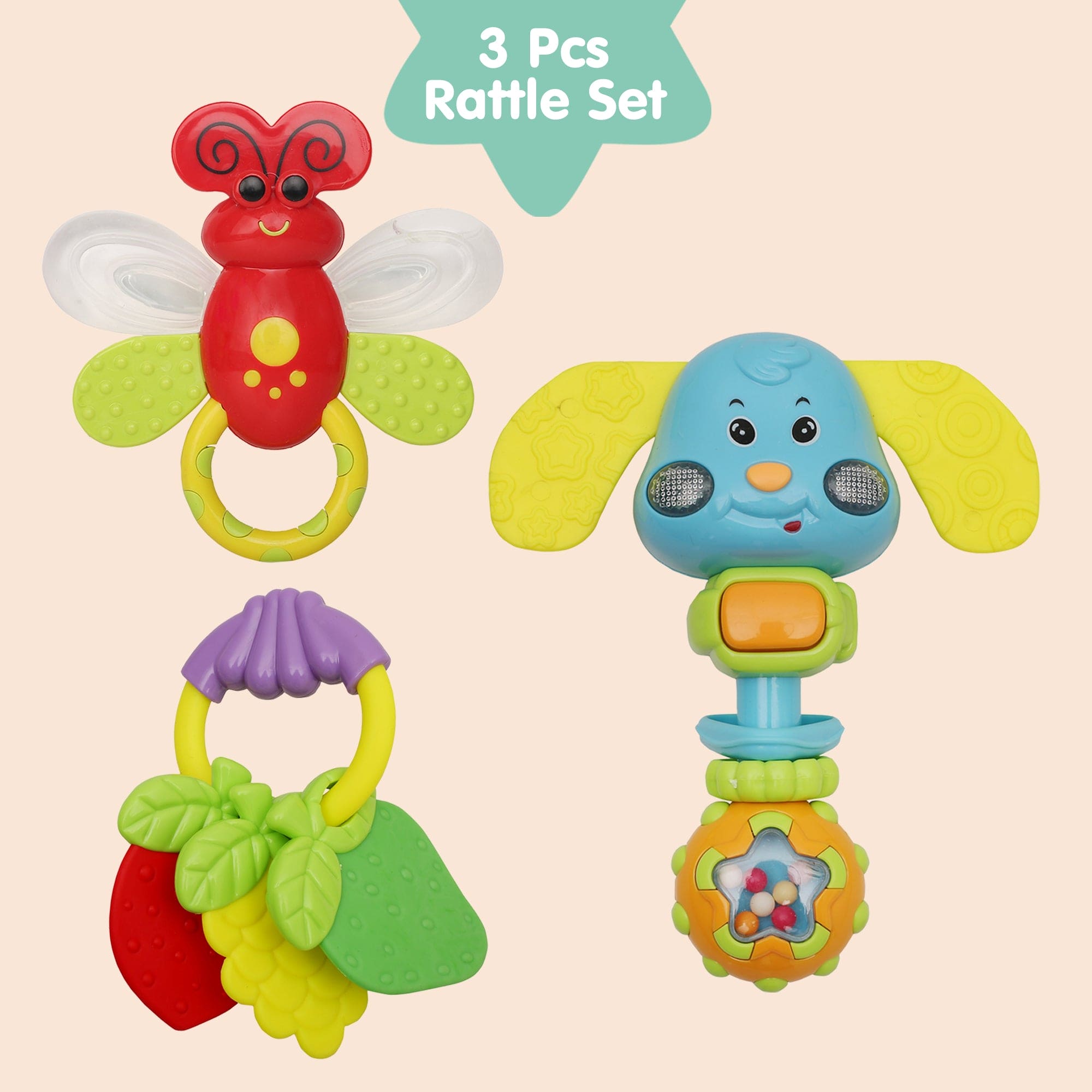 Animal And Fruit Multicolour Set of 3 Musical Rattle Teether