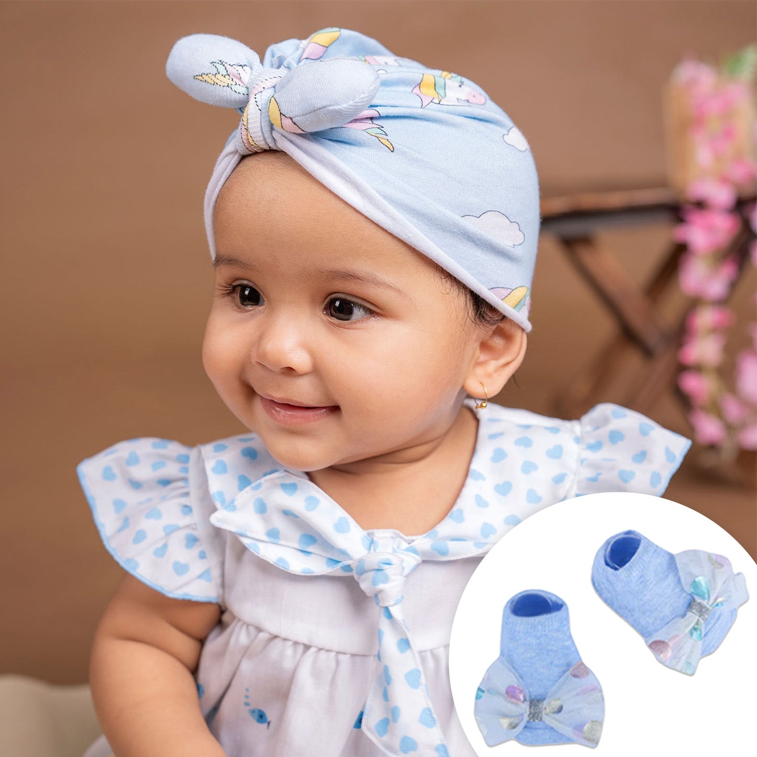 Baby Moo Unicorn Shiny Bow Matching Cap And Socks Set - Blue - Baby Moo