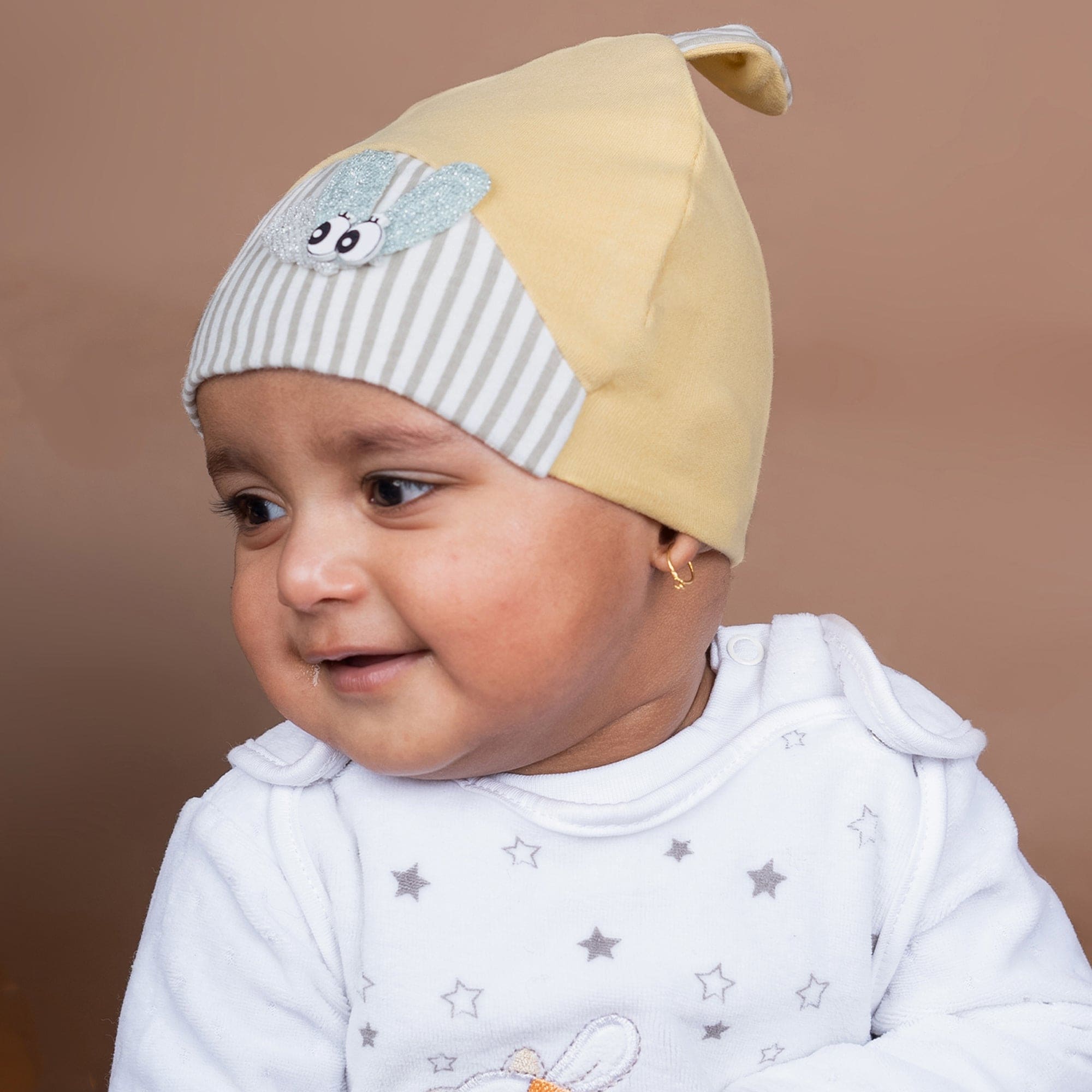 Baby Moo Busy Bee All Season Stretchable Hosiery Warm 3D Beanie Cap - Mustard