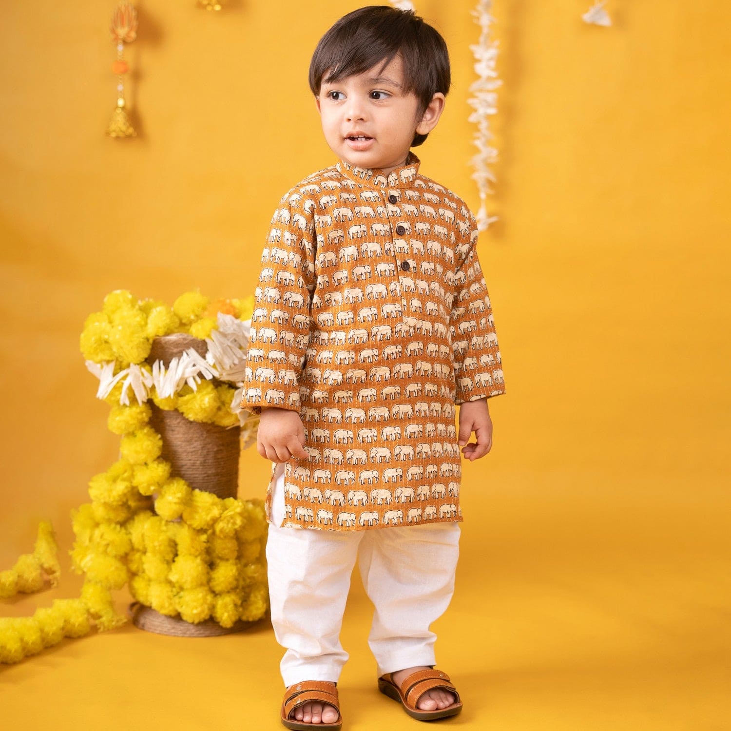 Baby Moo x Kurta Co. Traditional Ethnic Breathable Cotton Kurta Pajama Set with Enchanting Kantha Elephant Print - Mustard