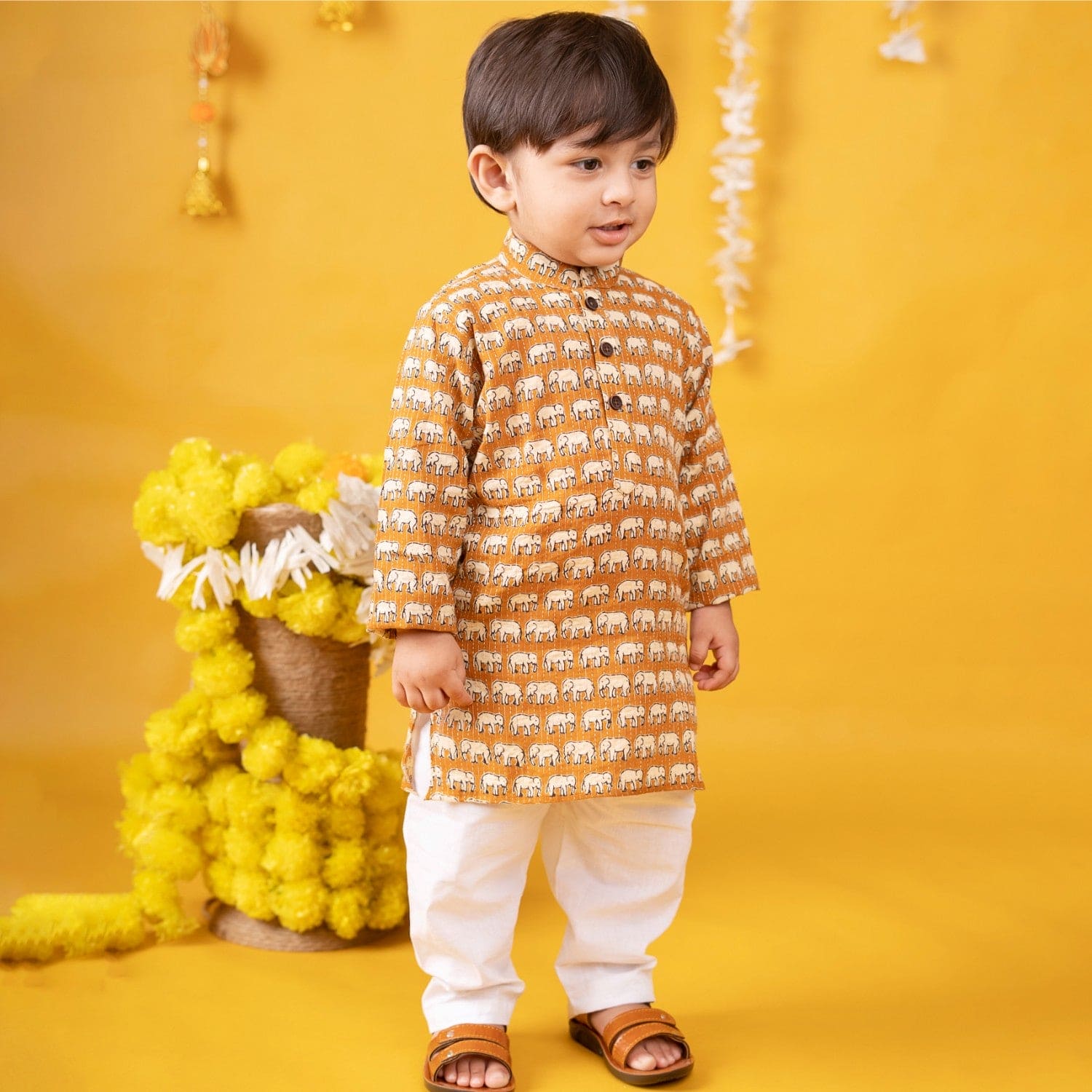 Baby Moo x Kurta Co. Traditional Ethnic Breathable Cotton Kurta Pajama Set with Enchanting Kantha Elephant Print - Mustard