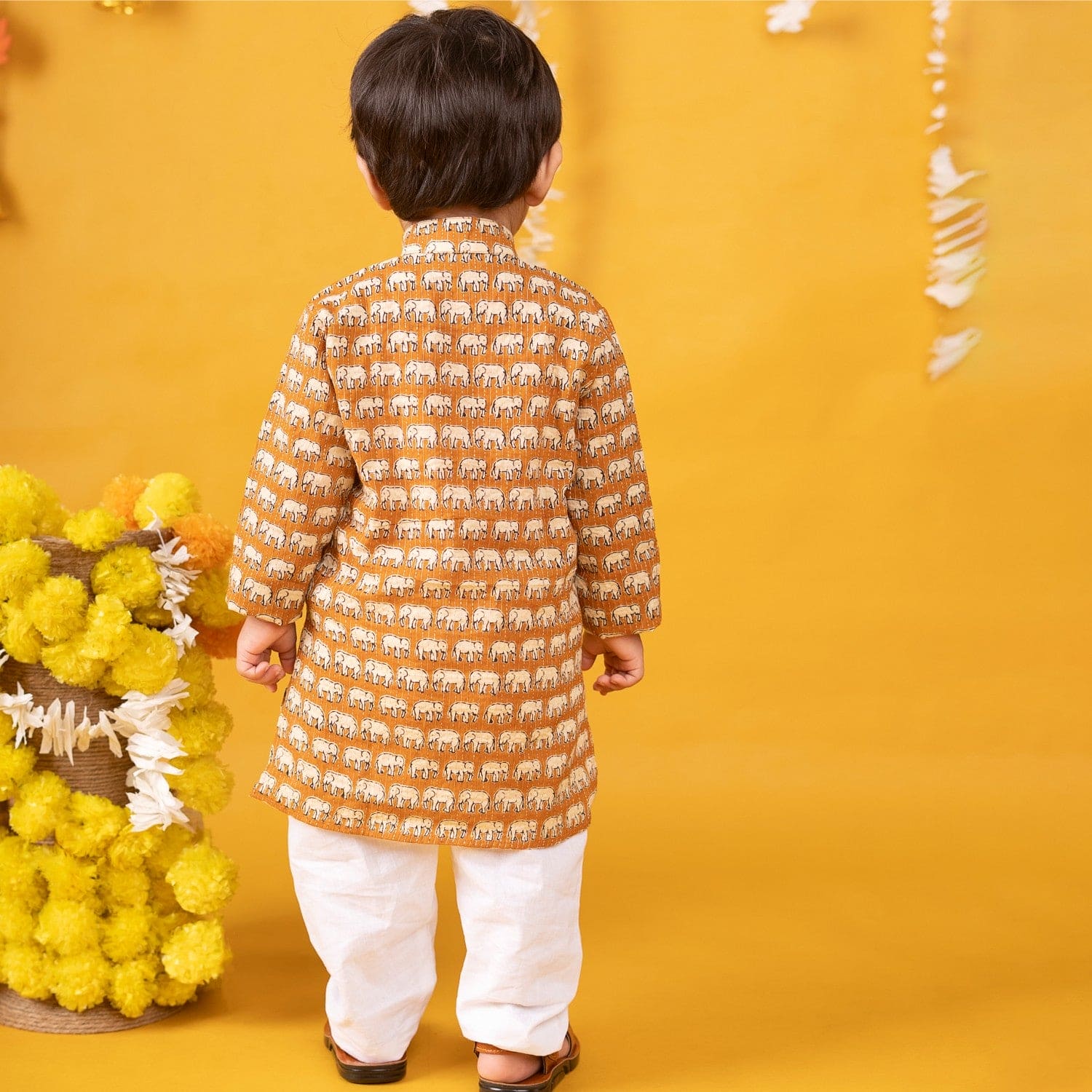 Baby Moo x Kurta Co. Traditional Ethnic Breathable Cotton Kurta Pajama Set with Enchanting Kantha Elephant Print - Mustard