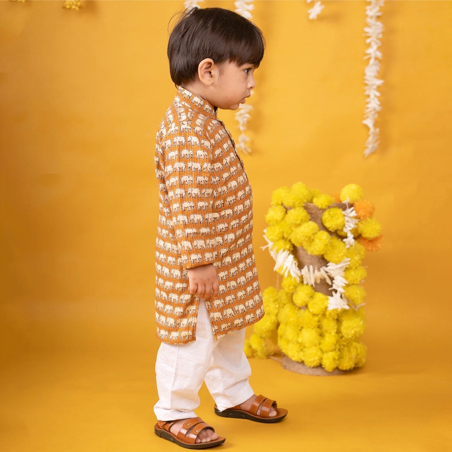 Baby Moo x Kurta Co. Traditional Ethnic Breathable Cotton Kurta Pajama Set with Enchanting Kantha Elephant Print - Mustard