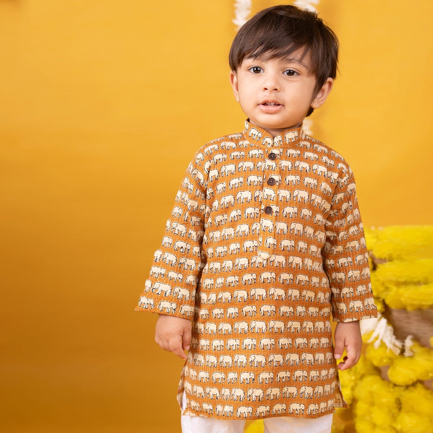 Baby Moo x Kurta Co. Traditional Ethnic Breathable Cotton Kurta Pajama Set with Enchanting Kantha Elephant Print - Mustard