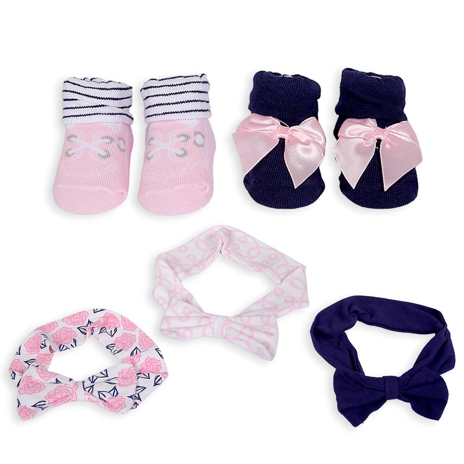 3 Headbands And 2 Pair Socks Gift Set Floral Pink And Blue - Baby Moo