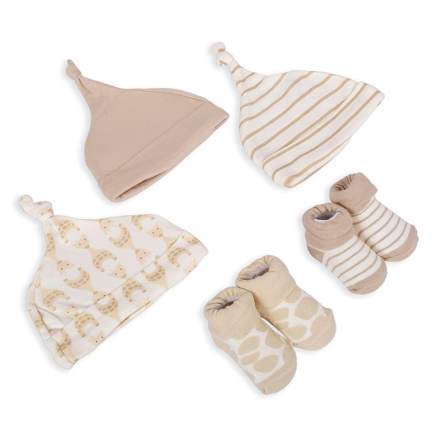 3 Caps And 2 Pair Socks Gift Set Giraffe Brown Beige - Baby Moo