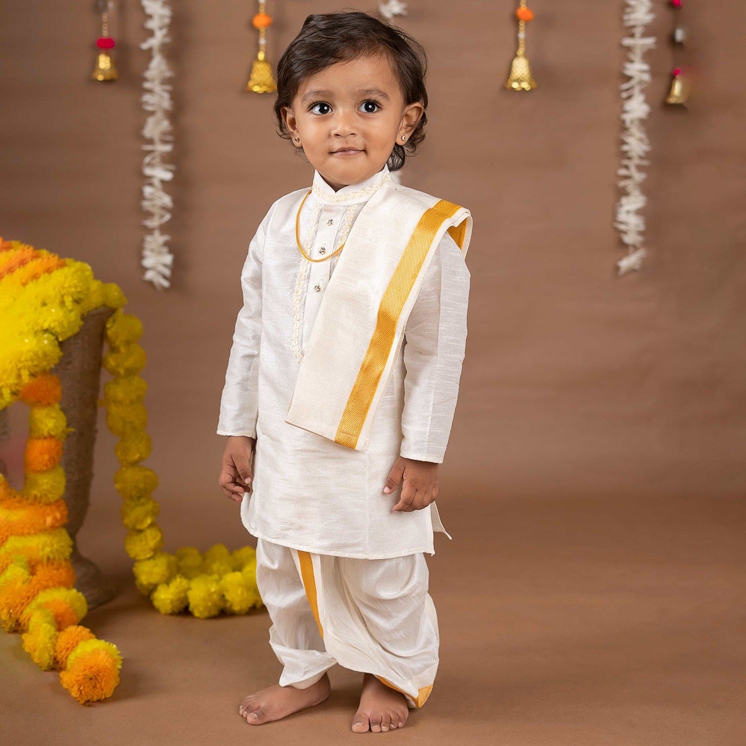 Baby Moo x Kurta Traditional Dhoti Khandwa Kurta Set Soft Banaras Silk With Gold Border Premium Plastic Gift Box 6pcs Cream