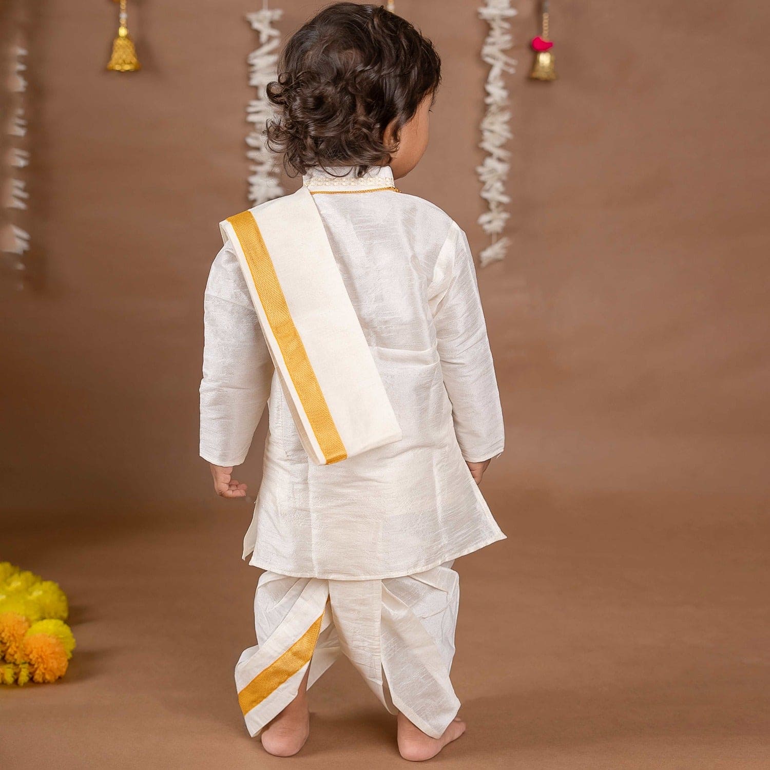 Baby Moo x Kurta Co. Traditional Dhoti Khandwa Kurta Set | Soft Banaras Silk With Gold Border | Premium Plastic Gift Box 6pcs - Cream
