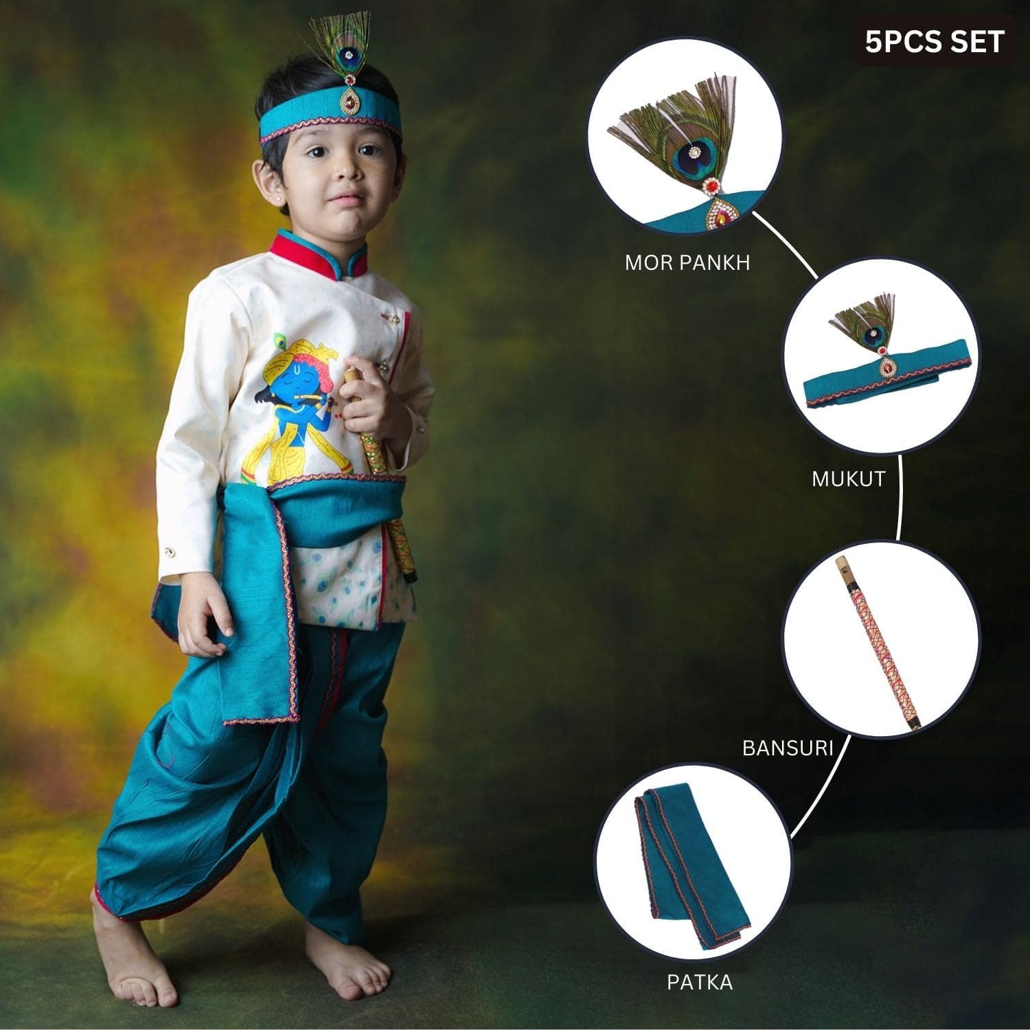 Baby Moo x Kurta Co. Krishna Digital Print Kurta Dhoti Set with Accessories - Premium Plastic Gift Box 5pcs Set - Blue