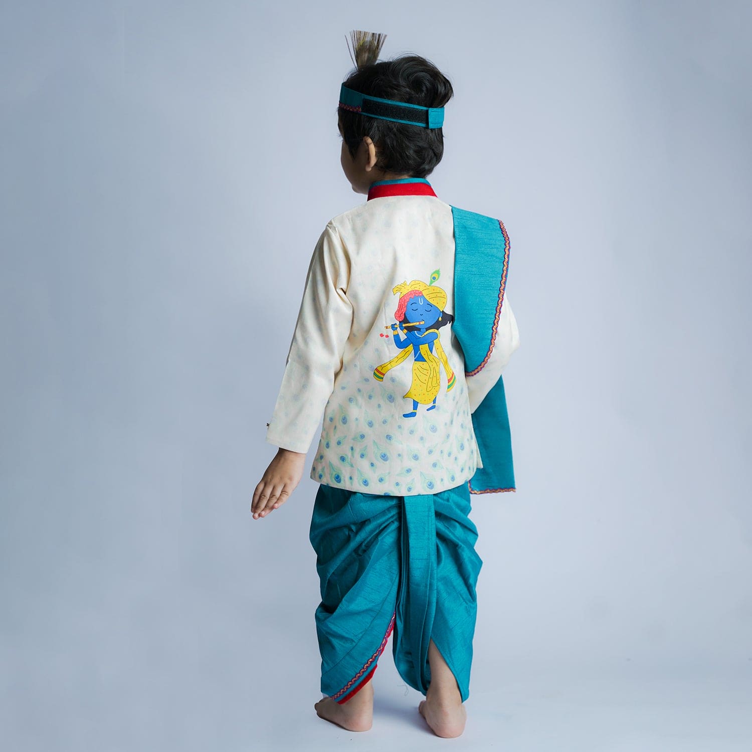 Baby Moo x Kurta Co. Krishna Digital Print Kurta Dhoti Set with Accessories - Premium Plastic Gift Box 5pcs Set - Blue