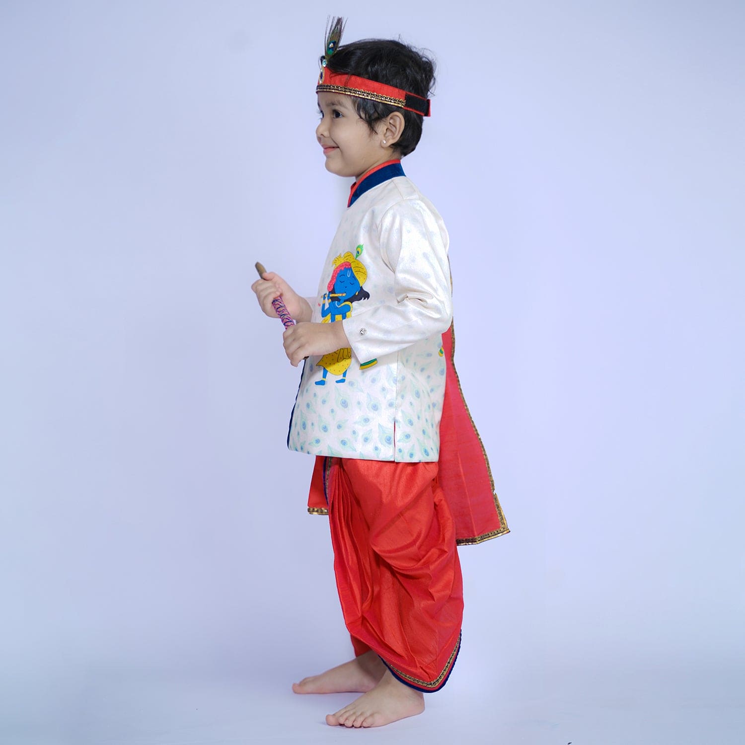 Baby Moo x Kurta Co. Krishna Digital Print Kurta Dhoti Set with Accessories - Premium Plastic Gift Box 5pcs Set - Red