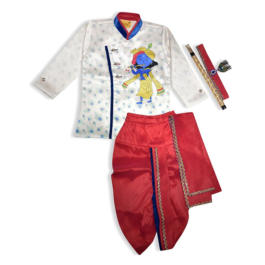 Baby Moo x Kurta Co. Krishna Digital Print Kurta Dhoti Set with Accessories - Premium Plastic Gift Box 5pcs Set - Red