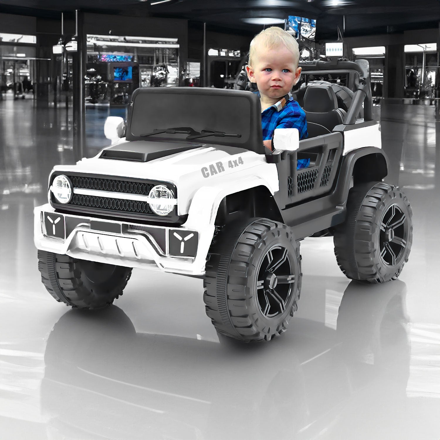 Baby Moo Ride On Jeep For Kids With Rechargeable 12V Battery Remote Control Double Seat - White