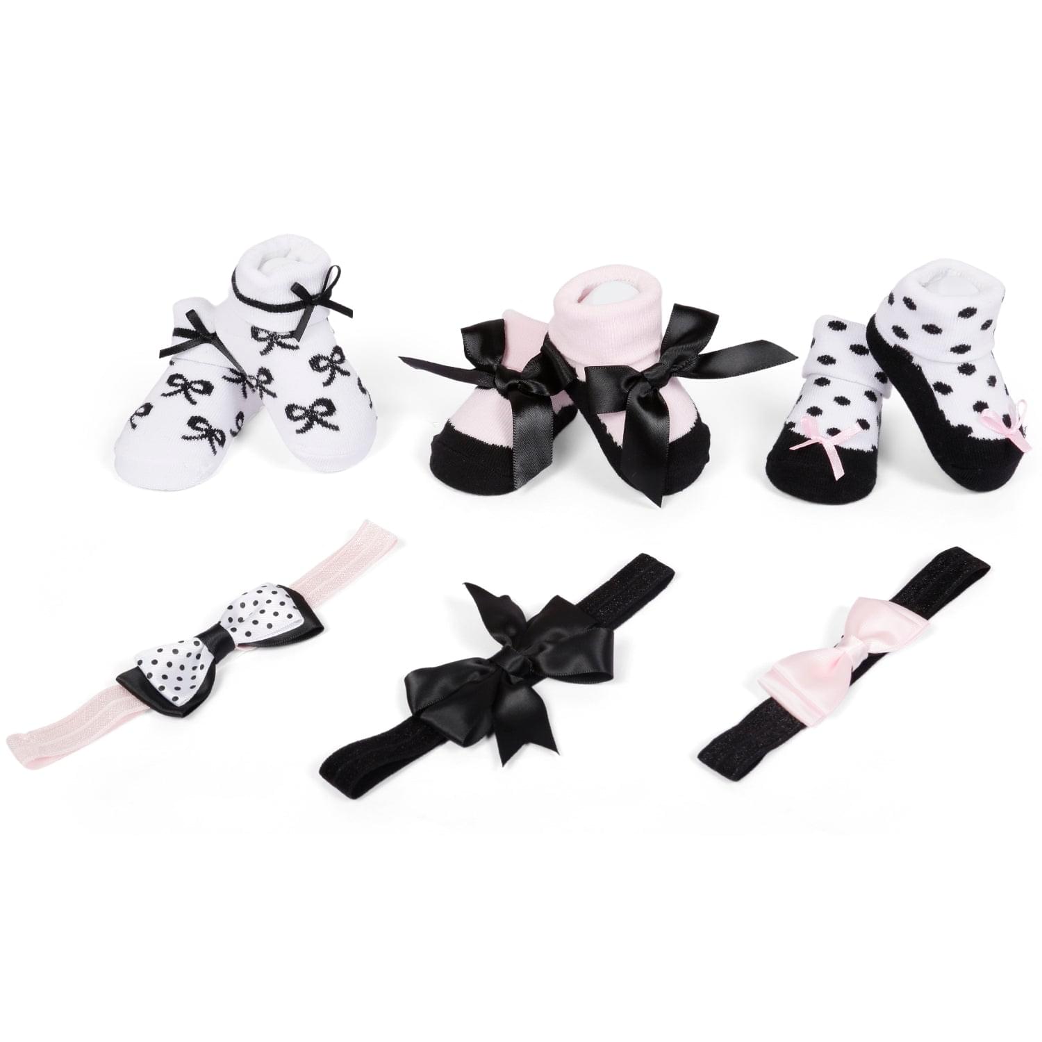 3 Headbands And 3 Pair Socks Gift Set Bows Black And White - Baby Moo