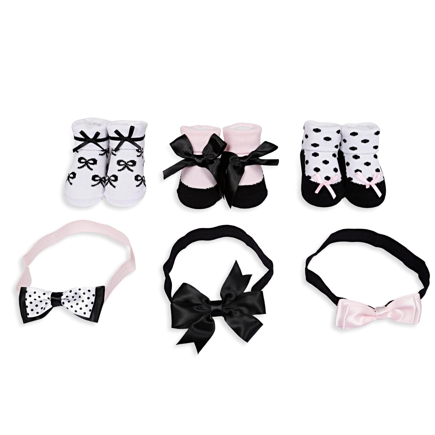 3 Headbands And 3 Pair Socks Gift Set Bows Black And White - Baby Moo