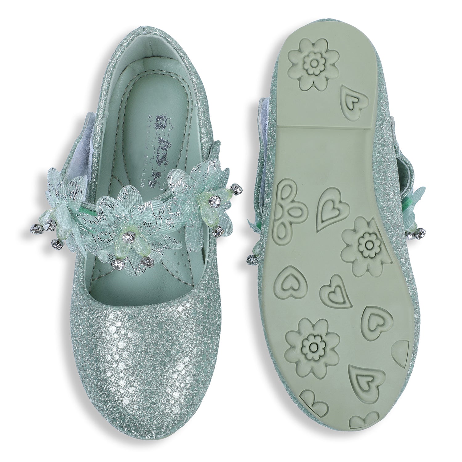 Baby Moo x Bash Kids Ethnic Party Floral Applique Mary Jane Ballerinas - Green