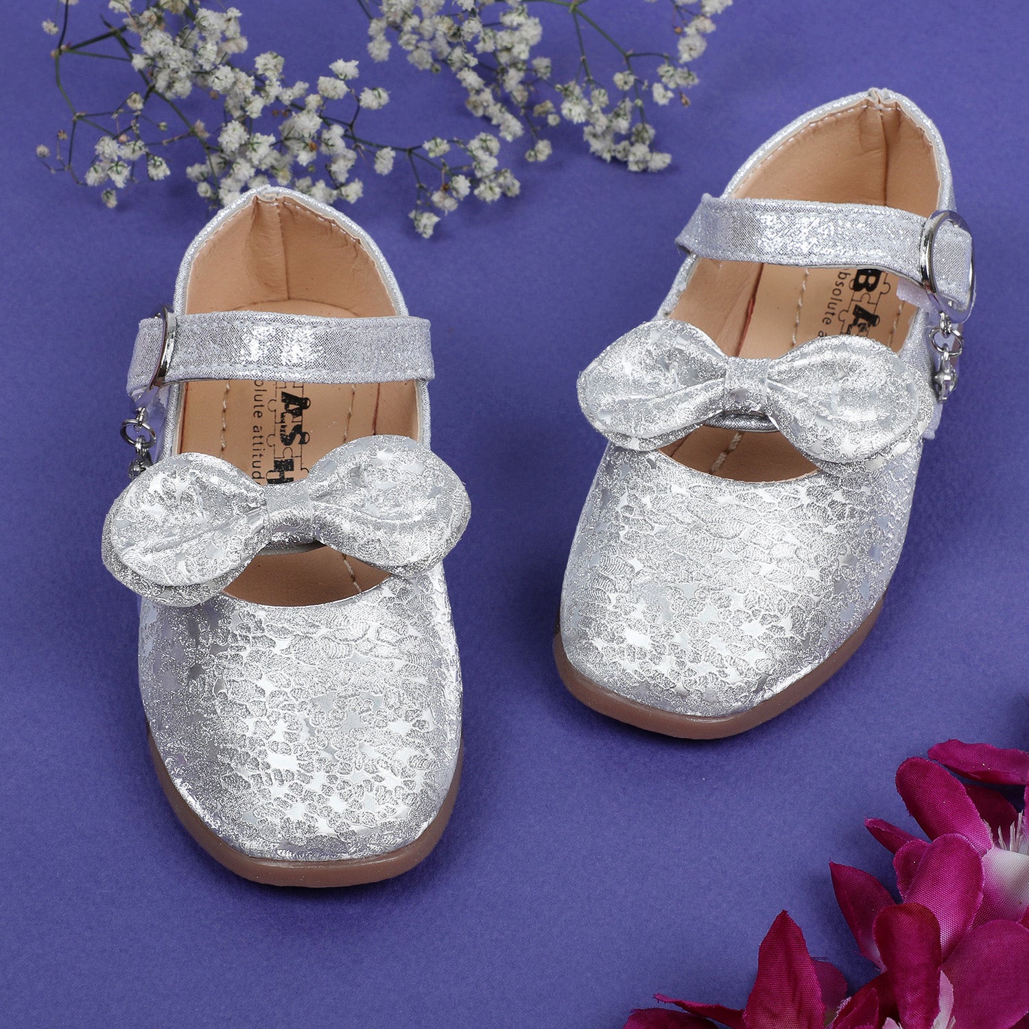Baby Moo x Bash Kids Bow Applique Embellished Party Ballerinas - Silver
