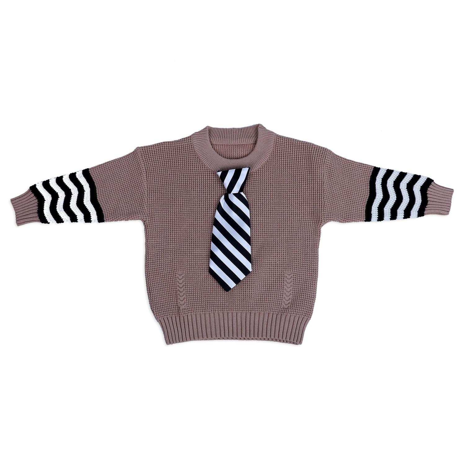 3D Neck Tie Premium Full Sleeves Knitted Sweater - Brown - Baby Moo