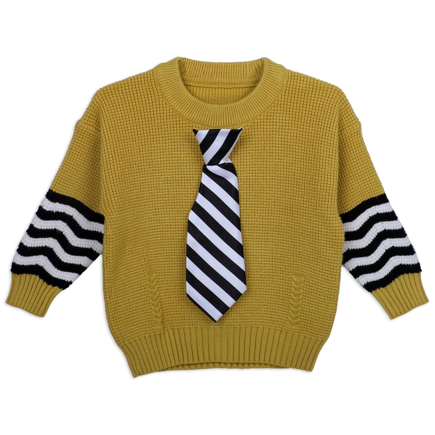 3D Neck Tie Premium Full Sleeves Knitted Sweater - Mustard - Baby Moo