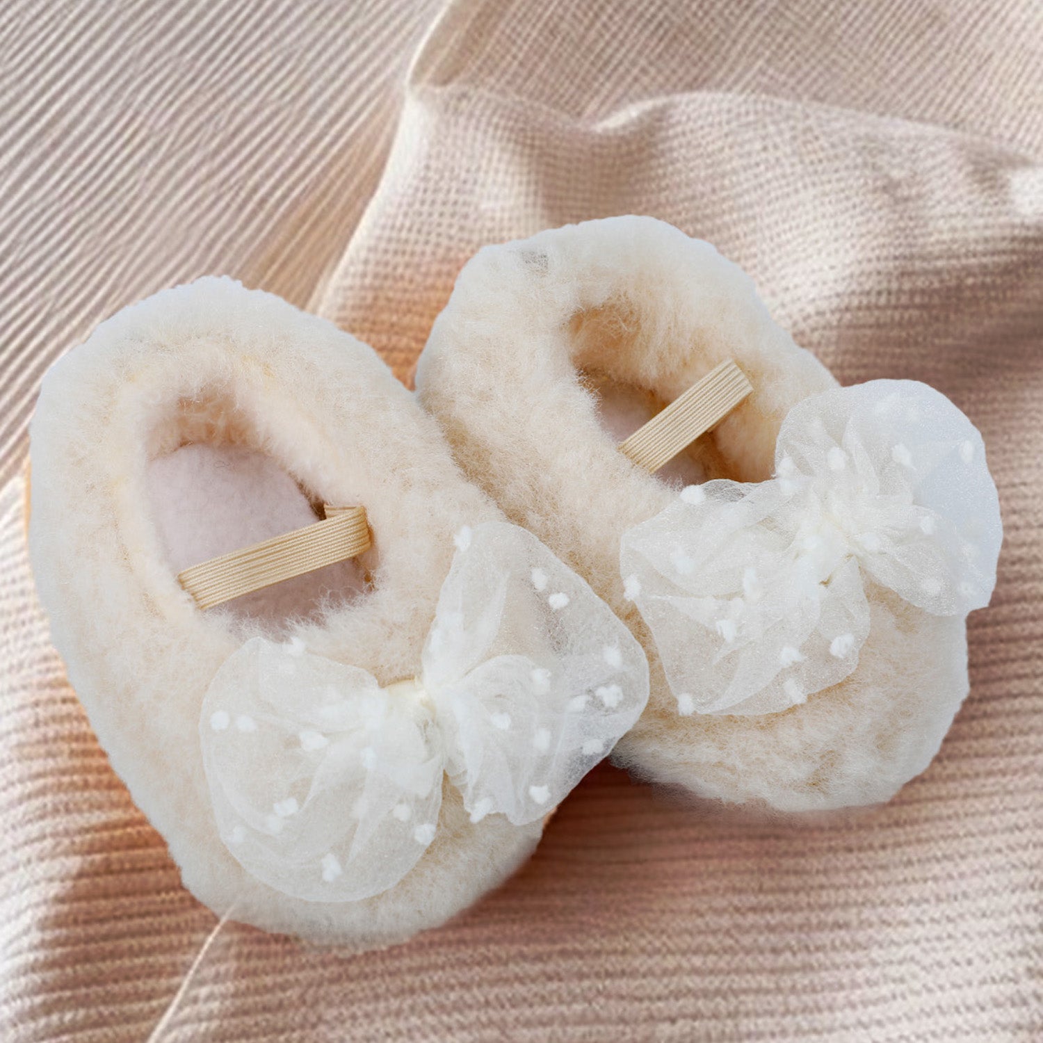 Baby Moo Bow Applique Warm Furry Booties - Cream - Baby Moo