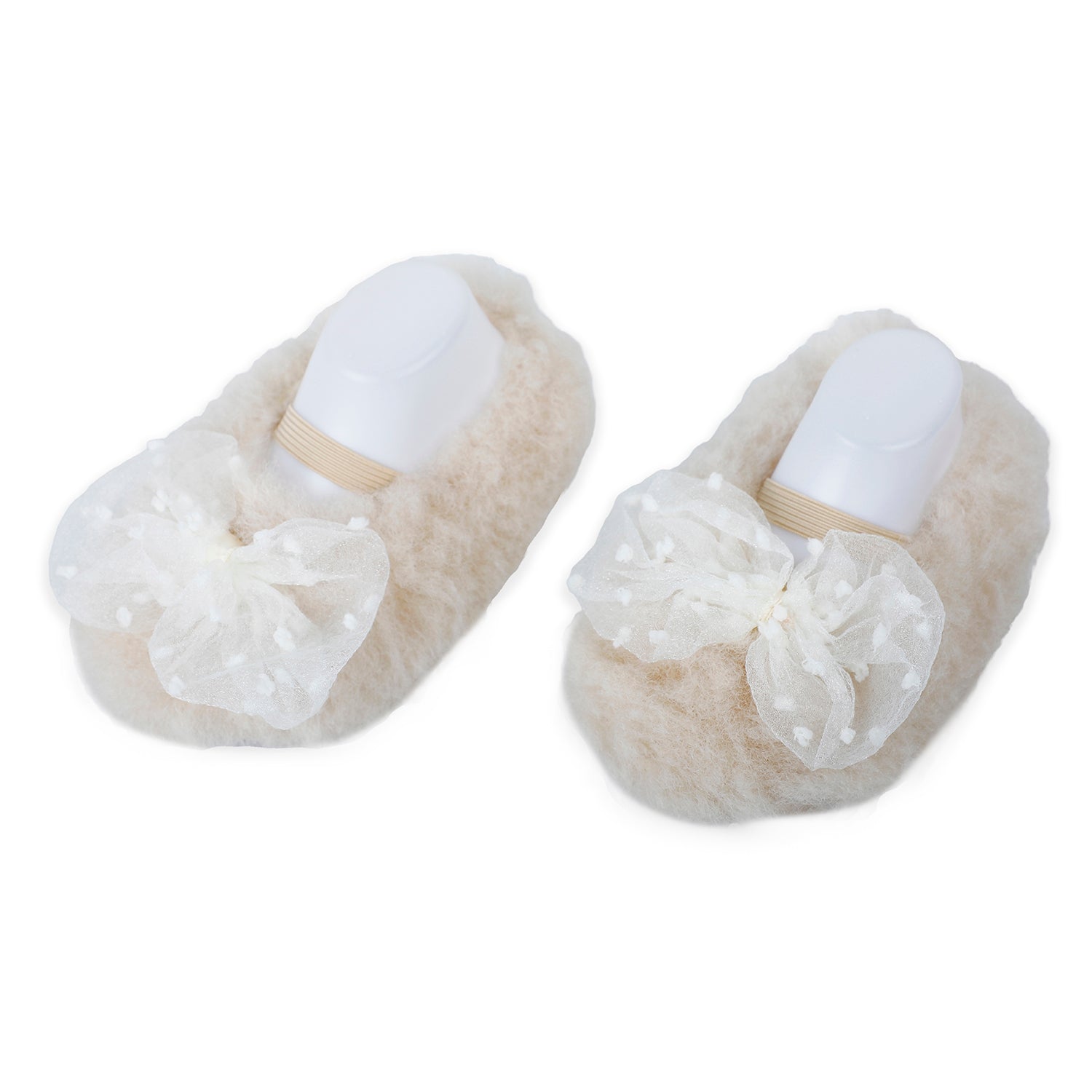 Baby Moo Bow Applique Warm Furry Booties - Cream - Baby Moo