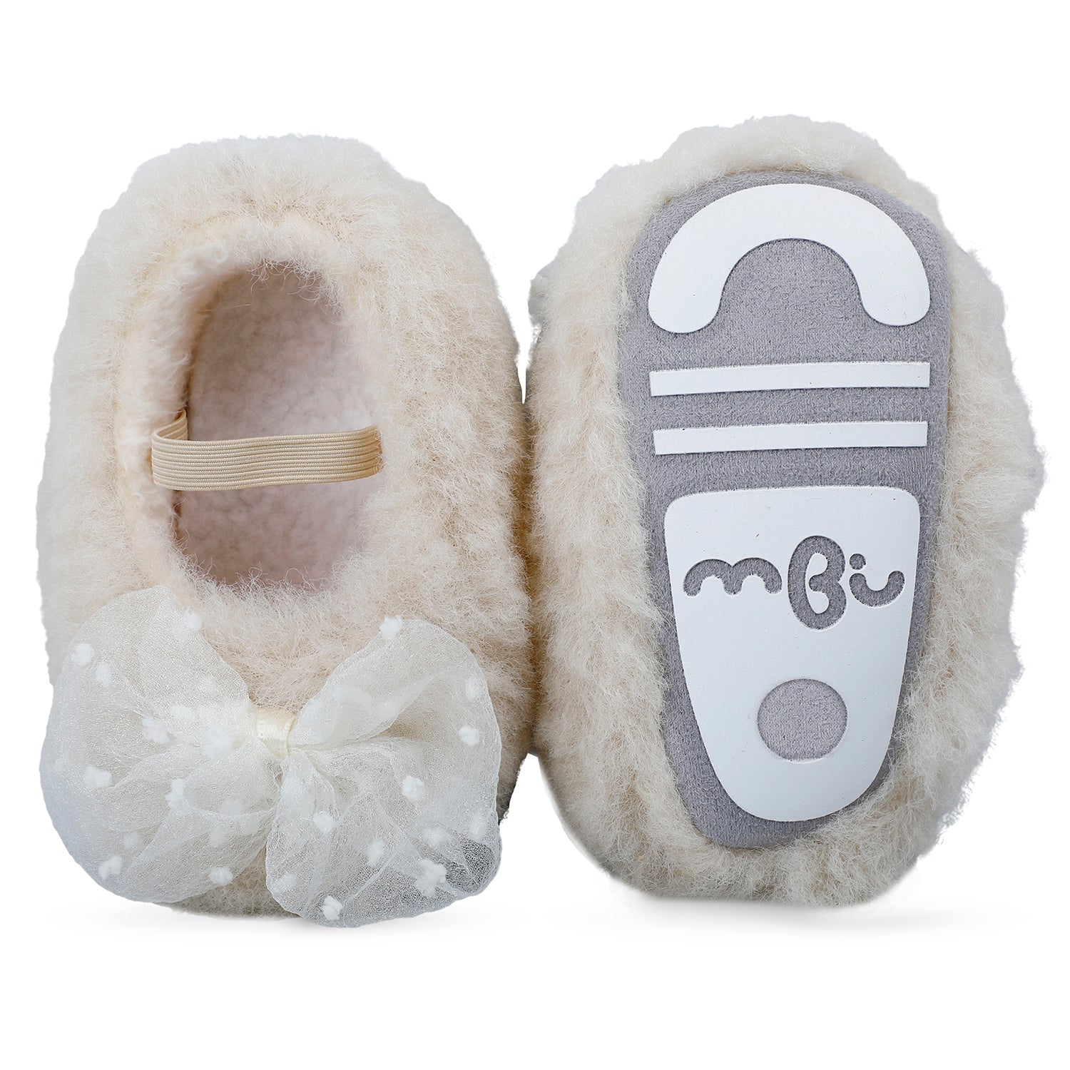 Baby Moo Bow Applique Warm Furry Booties - Cream - Baby Moo
