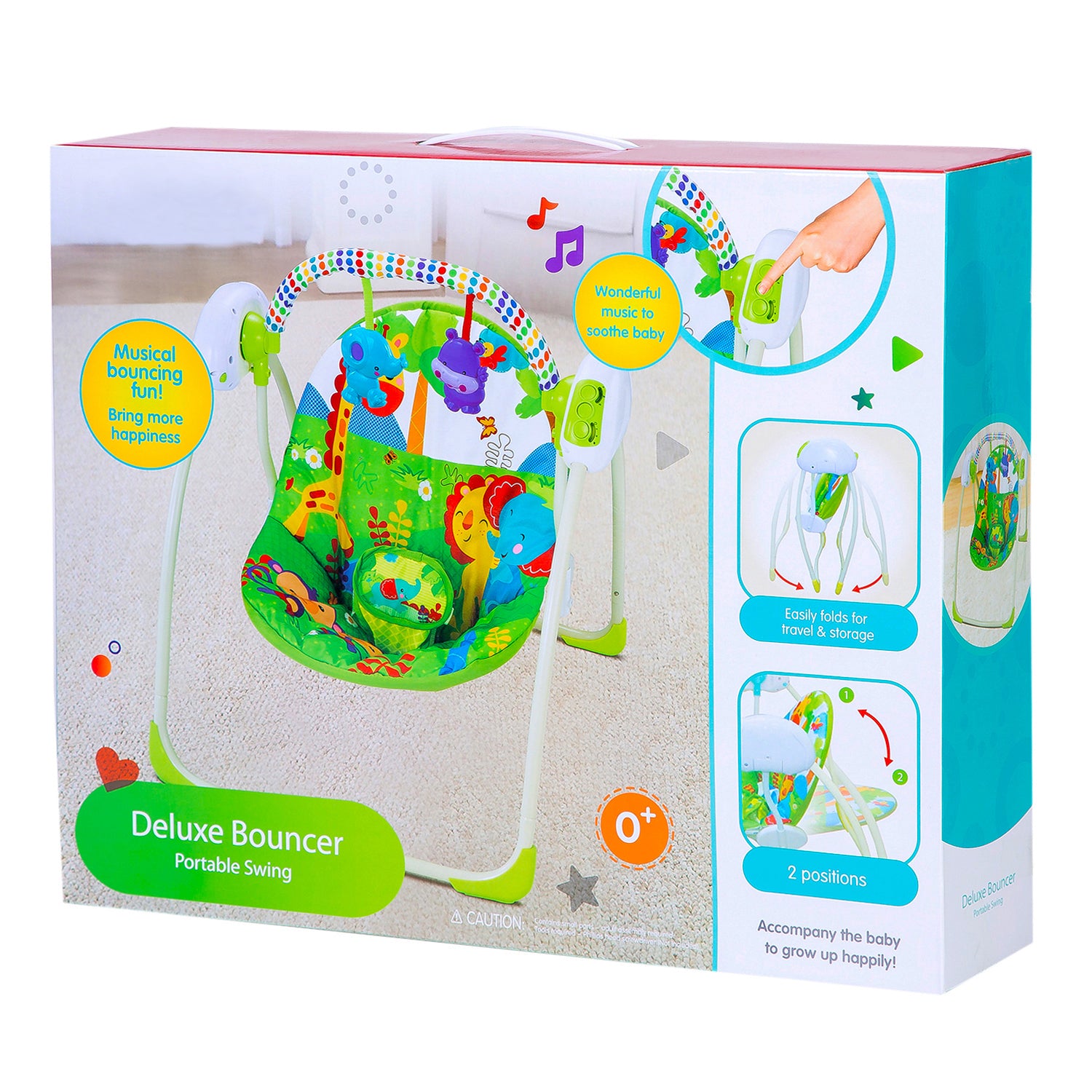 Bright Stars Foldable Musical Comfortable Swing With Animals Green