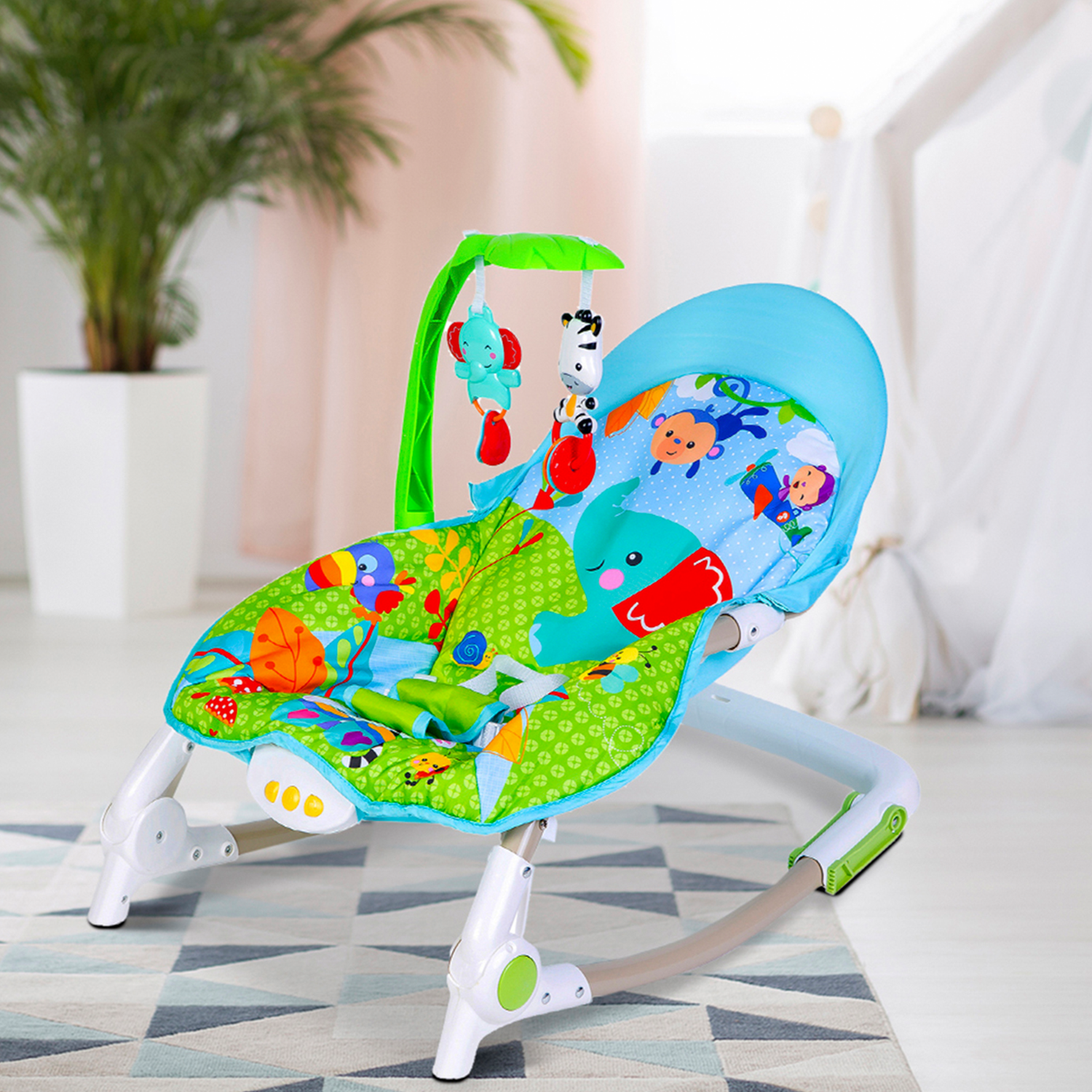 Newborn To Toddler Portable Bouncer With Hanging Toys Blue & Green