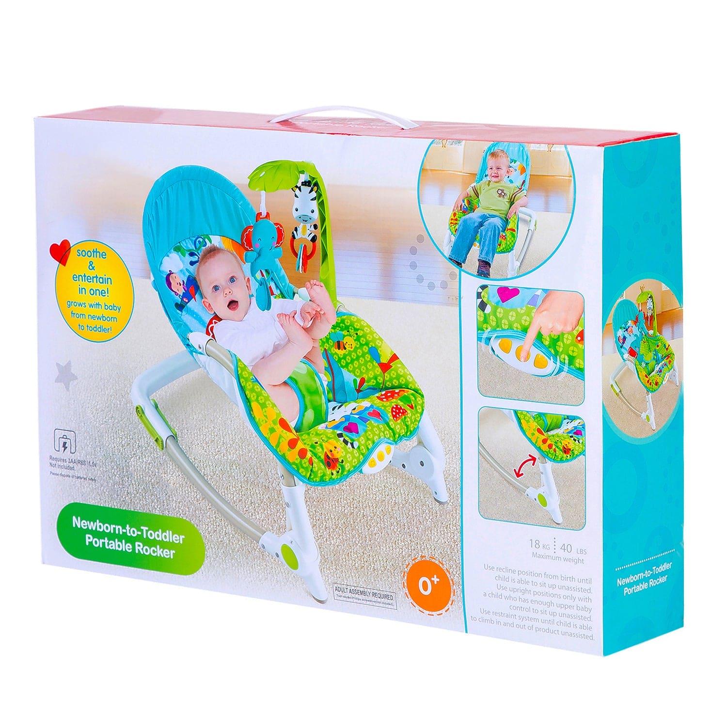 Newborn To Toddler Portable Bouncer With Hanging Toys Blue & Green