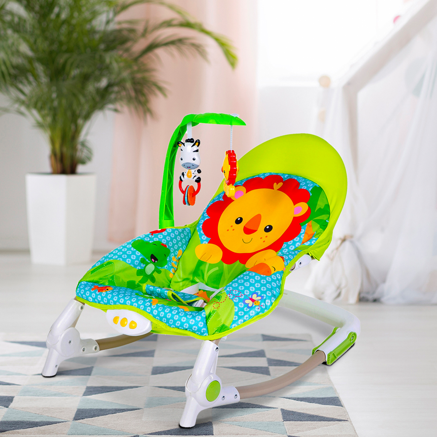 Newborn To Toddler Portable Rocker With Hanging Toys Lion Green
